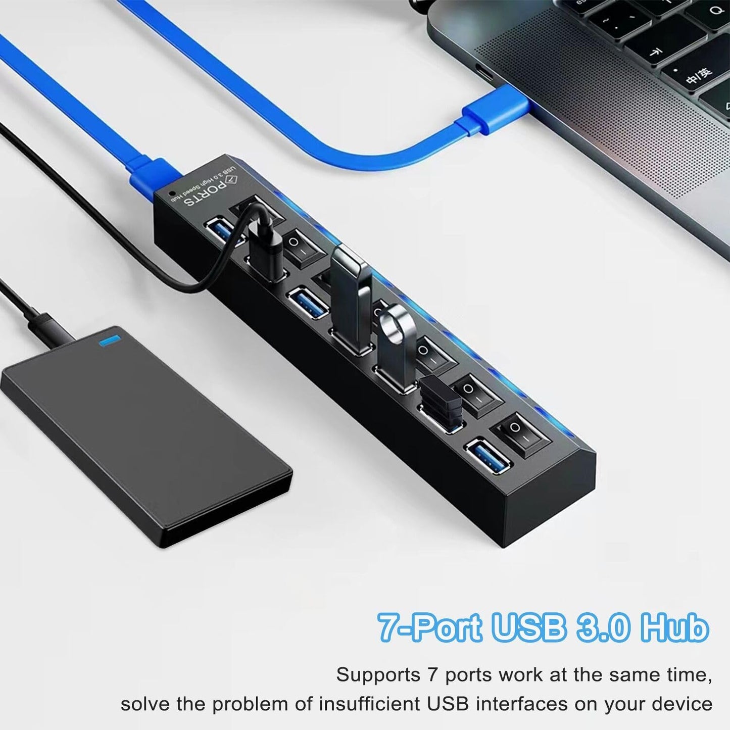 USB Hub 3.0, VIENON 7-Port USB Extender USB Splitter with Independent LED Switches Multi USB Port Hub for Laptop, PC, MacBook, Mac Pro, Mac Mini, iMac, Surface Pro and More USB Devices-2FT