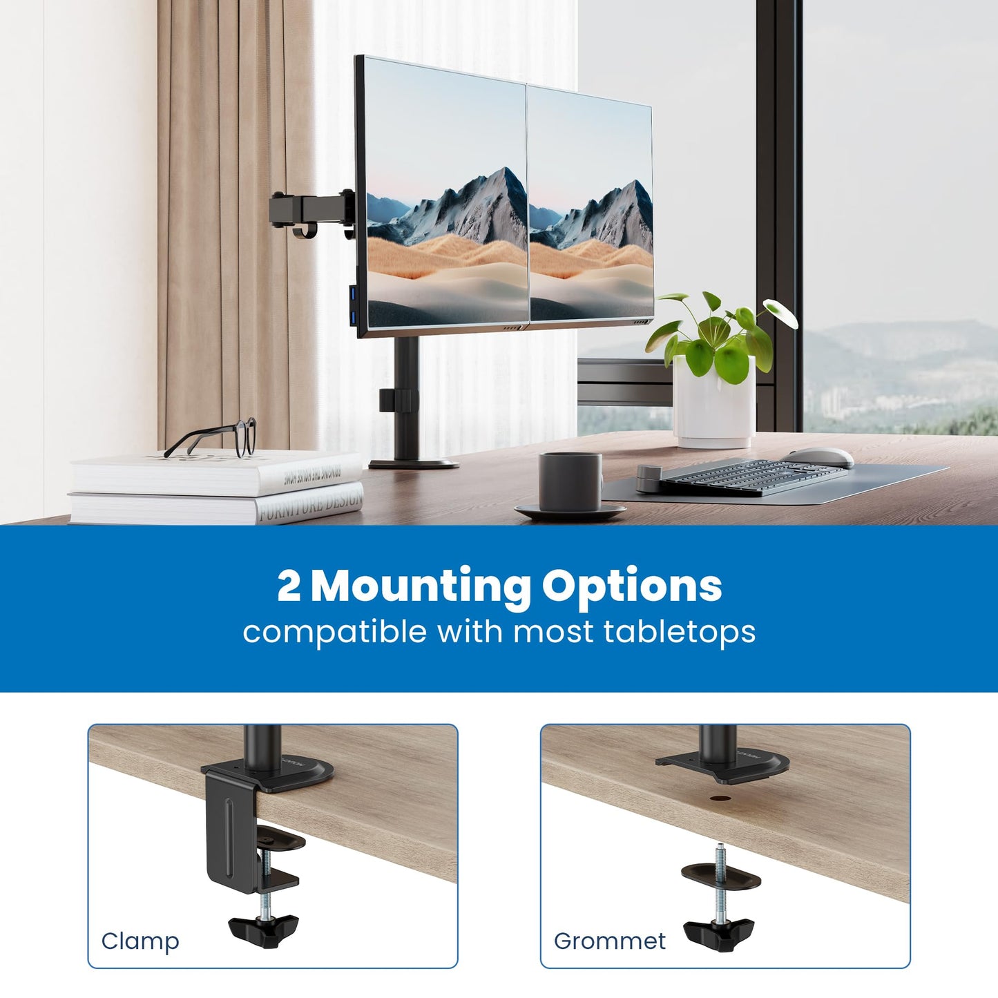 Mount-It! Dual Monitor Mount, Dual Monitor Arm for 2 Screens, Dual Monitor Desk Mount, Adjustable Tilt and Swivel Arms for Double Screens up to 32” & 19.8 Lbs VESA 75x75 and 100x100 C-clamp & Grommet