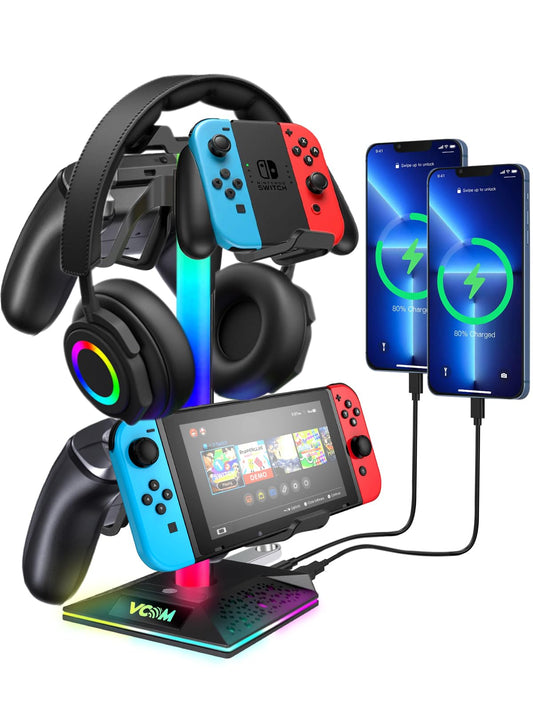 VCOM RGB Gaming Headphones Stand with 2 USB and 1 Type-C Ports, Headset Stand with 10 Light Modes and Non-Slip Rubber,Suitable for All Earphone Accessories, Best Gift for Desk Gamers