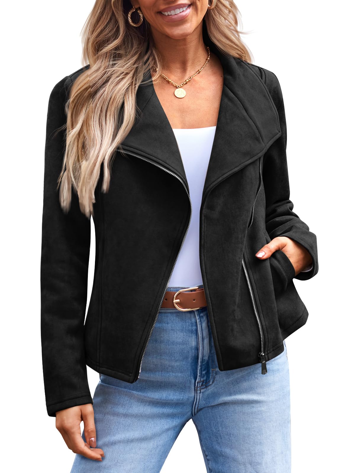 AUTOMET Womens Faux Leather Jackets Suede Fall Fashion 2024 Outfits Winter Clothes Open Front Cropped Coat Outwear Black L