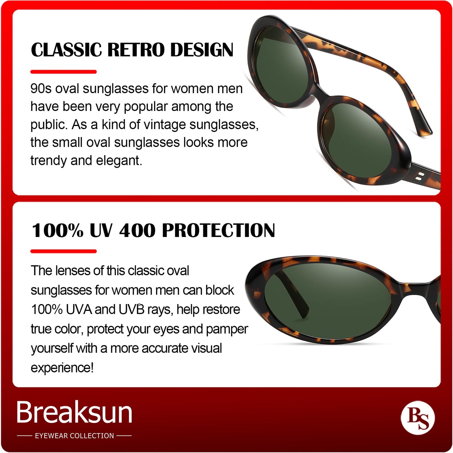 Breaksun Retro Oval Sunglasses for Women Men Fashion Small Oval Sunglasses 90s Vintage Shades (Black/Grey+ Leopard/G15)