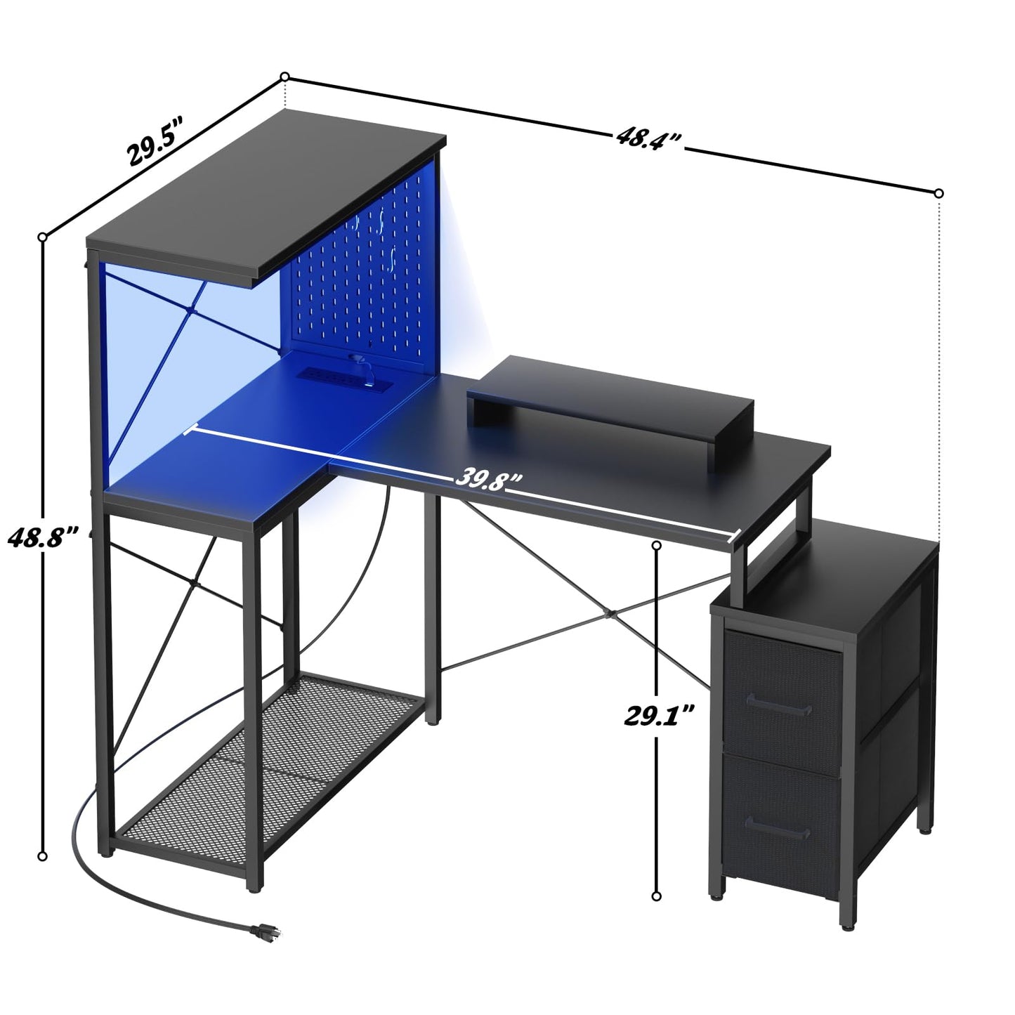 L Shaped Gaming Desk with 2 Fabric Drawers - Reversible Computer Desk with Power Outlet & LED Lights, 48" Corner Desk with Monitor Stand & Storage Shelves, Office Study Table with Pegboard, Black