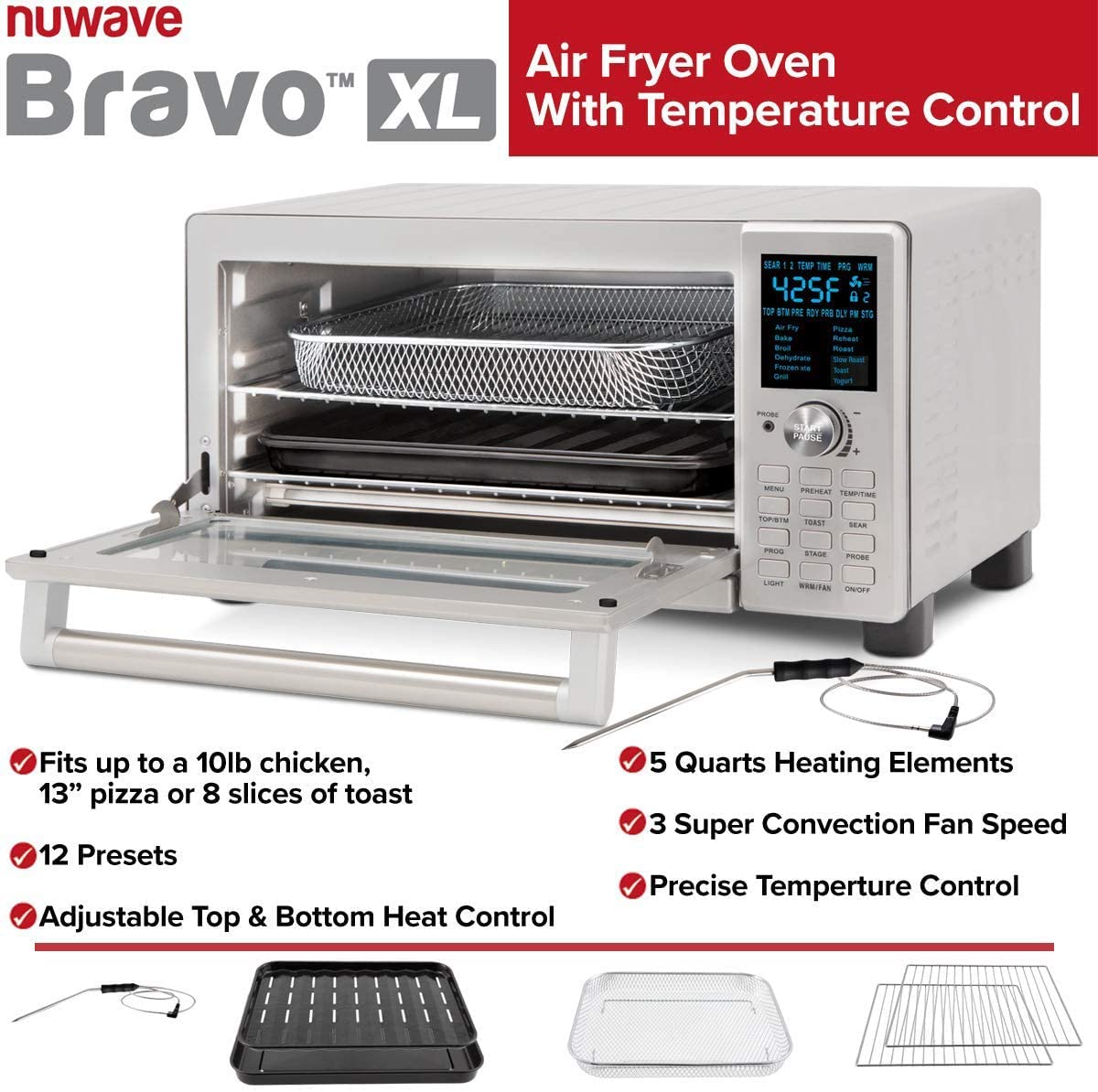 Nuwave Bravo Convection Toaster Ovens Air Fryer Combo with 30QT Large Capacity For A Whole Chicken and 13" Pizza. Multi-Layer Cooking, Probe Feature, 100+ Presets One-Touch Smart Control Countertop