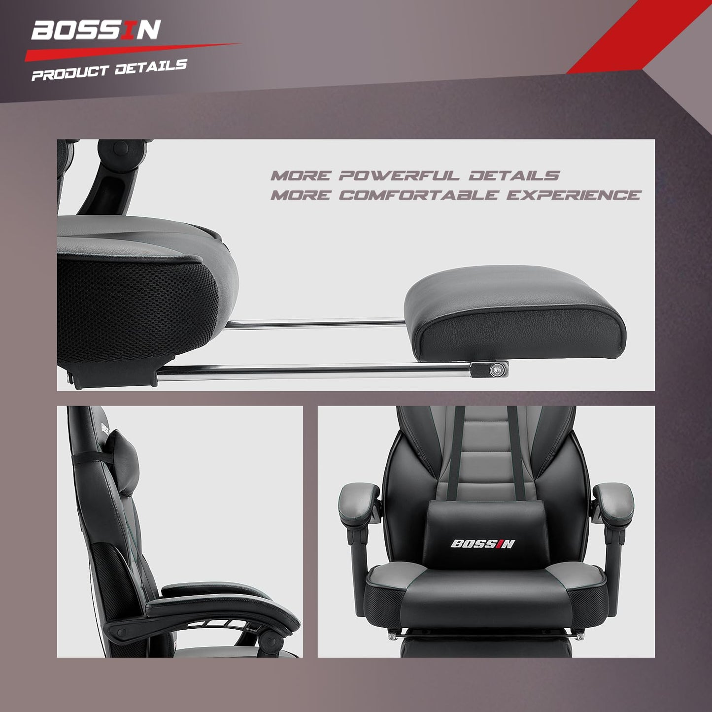 BOSSIN Gaming Chair with Massage, Ergonomic Heavy Duty Design with Footrest and Lumbar Support, Large Size Cushion High Back Office Chair, Big and Tall Gaming Computer Chair for Kids