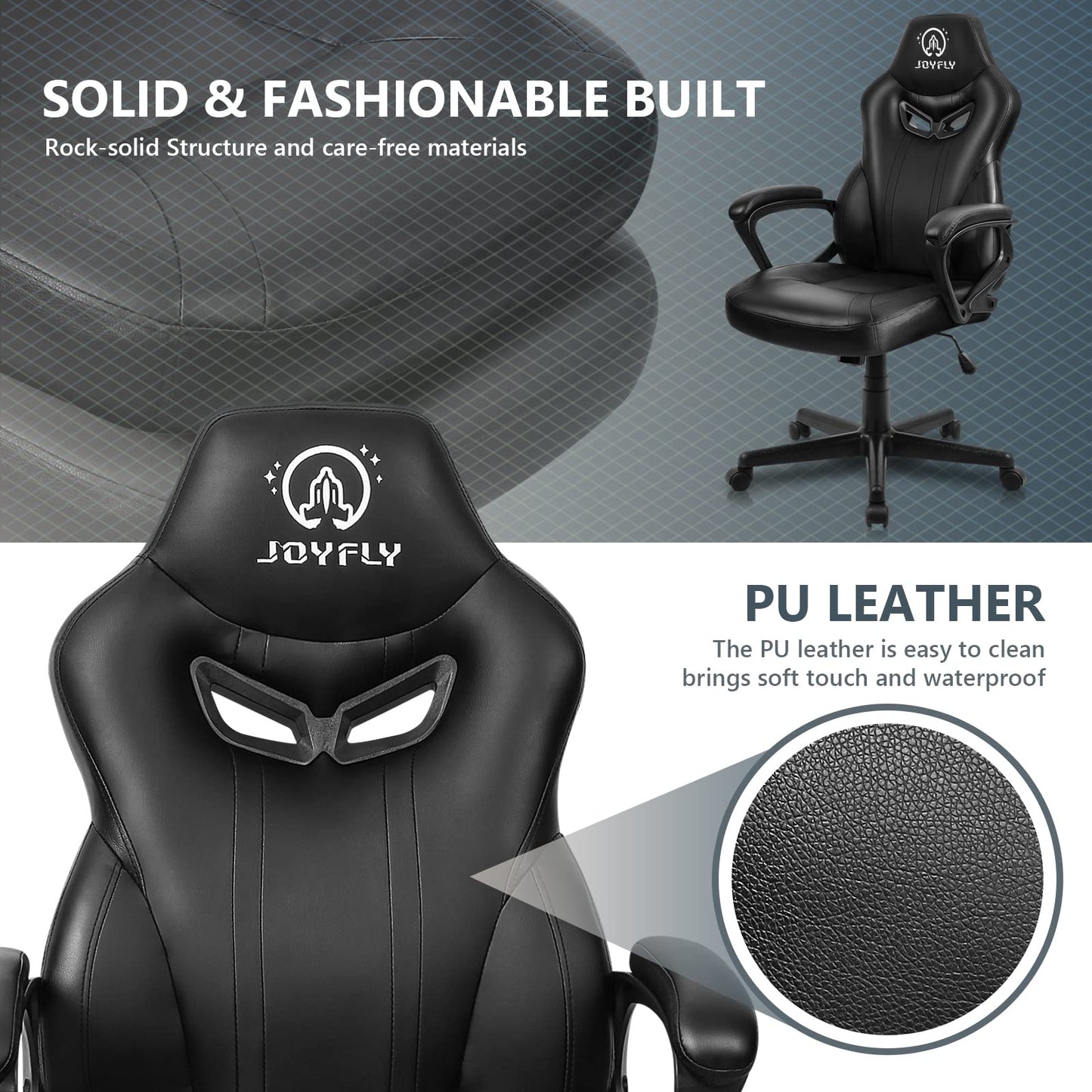 JOYFLY Computer Chair for Adults, 300Lbs Ergonomic Office PC Chair with Lumbar Support（Black-Leather）