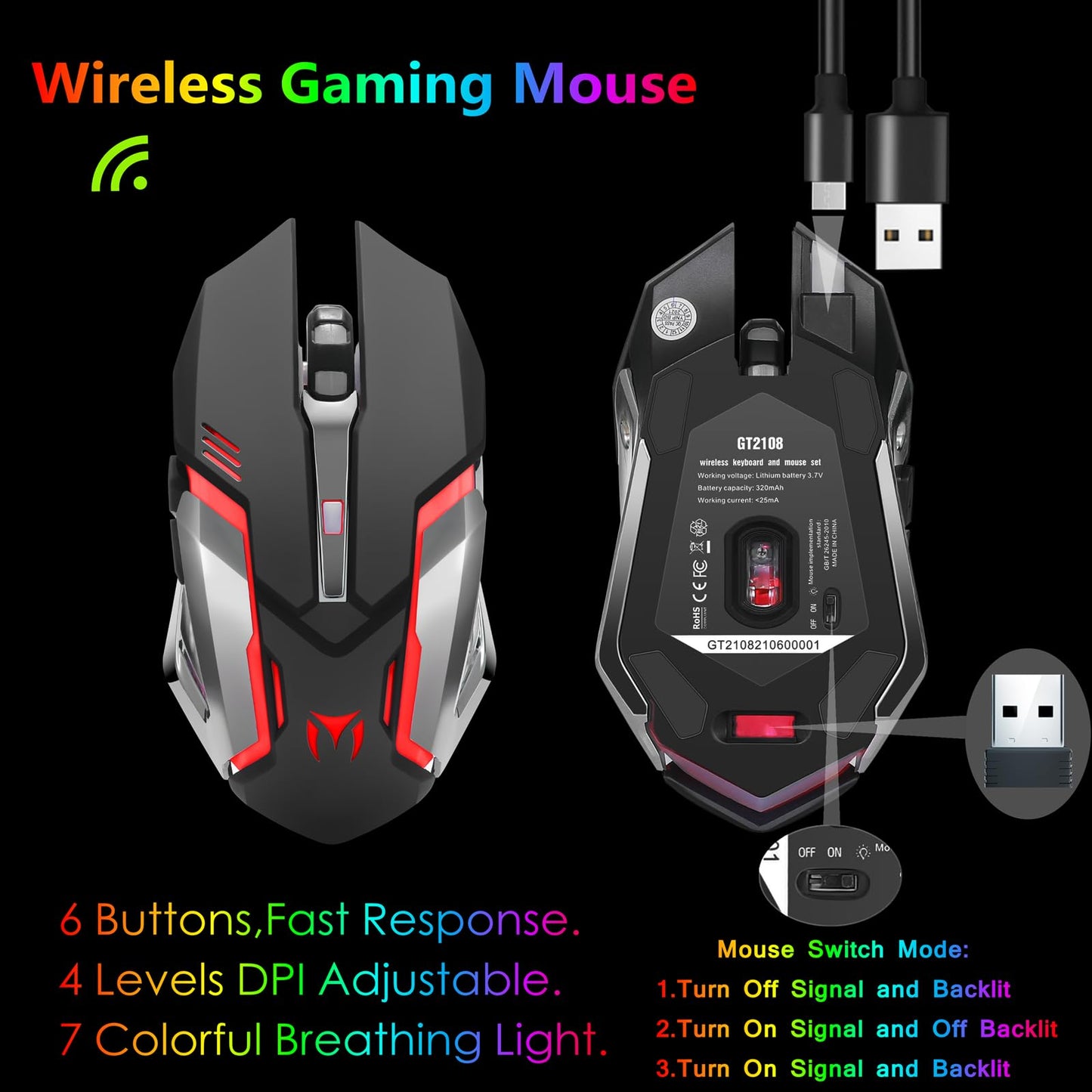 Wireless RGB Backlit Gaming Keyboard and Mouse, Rechargeable, Long Battery Life, Metal Panel Mechanical Feel Keyboard with Palm Rest, 7 Color Mouse and Mouse Pad for Game and Work