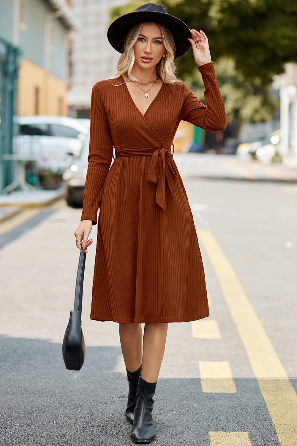 Newshows Womens 2024 Fall Sweater Dress Long Sleeve Business Casual Outfits V Neck Ribbed Knit Belt Trendy with Pockets(Caramel, XL)