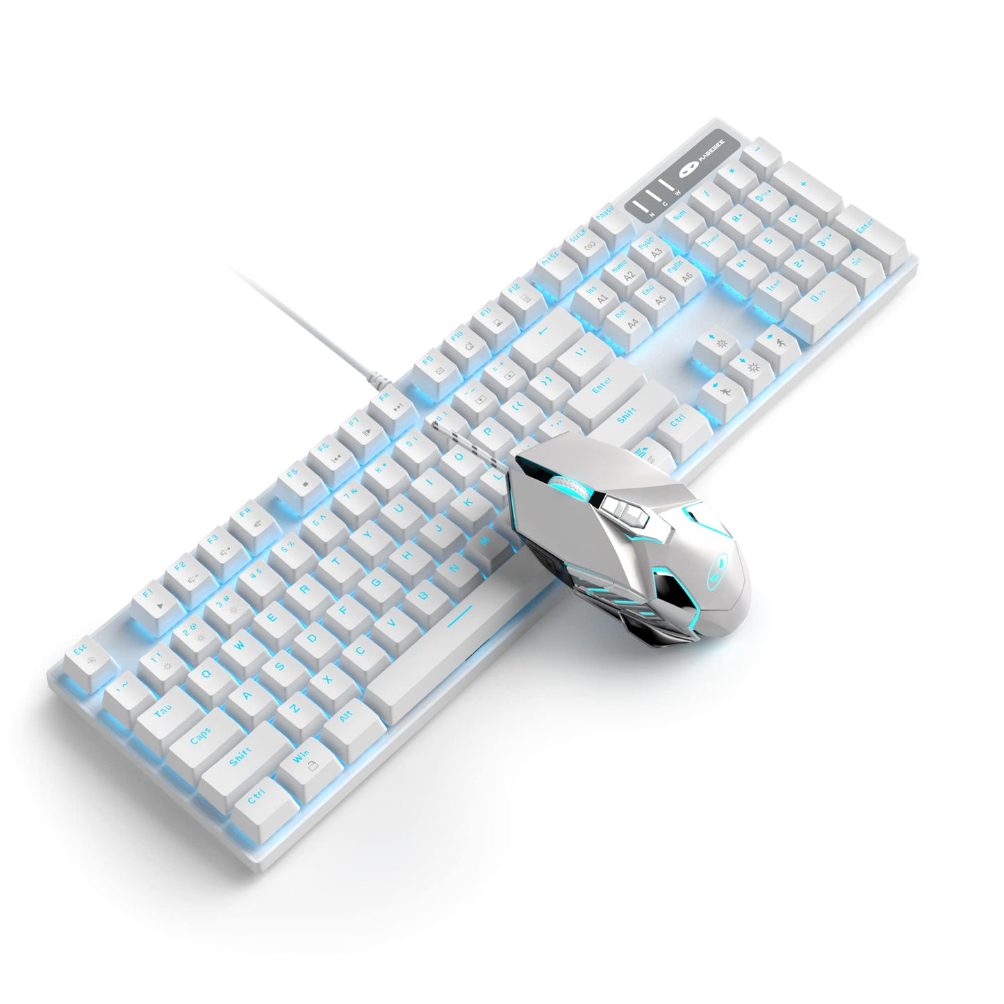 Mechanical Keyboard and Mouse, Wired Blue Backlit Mechanical Gaming Keyboard with Blue Switch, 104 Keys Anti-Ghosting Gaming Keyboard, 7-Color Breathing Backlit Gaming Mouse, White