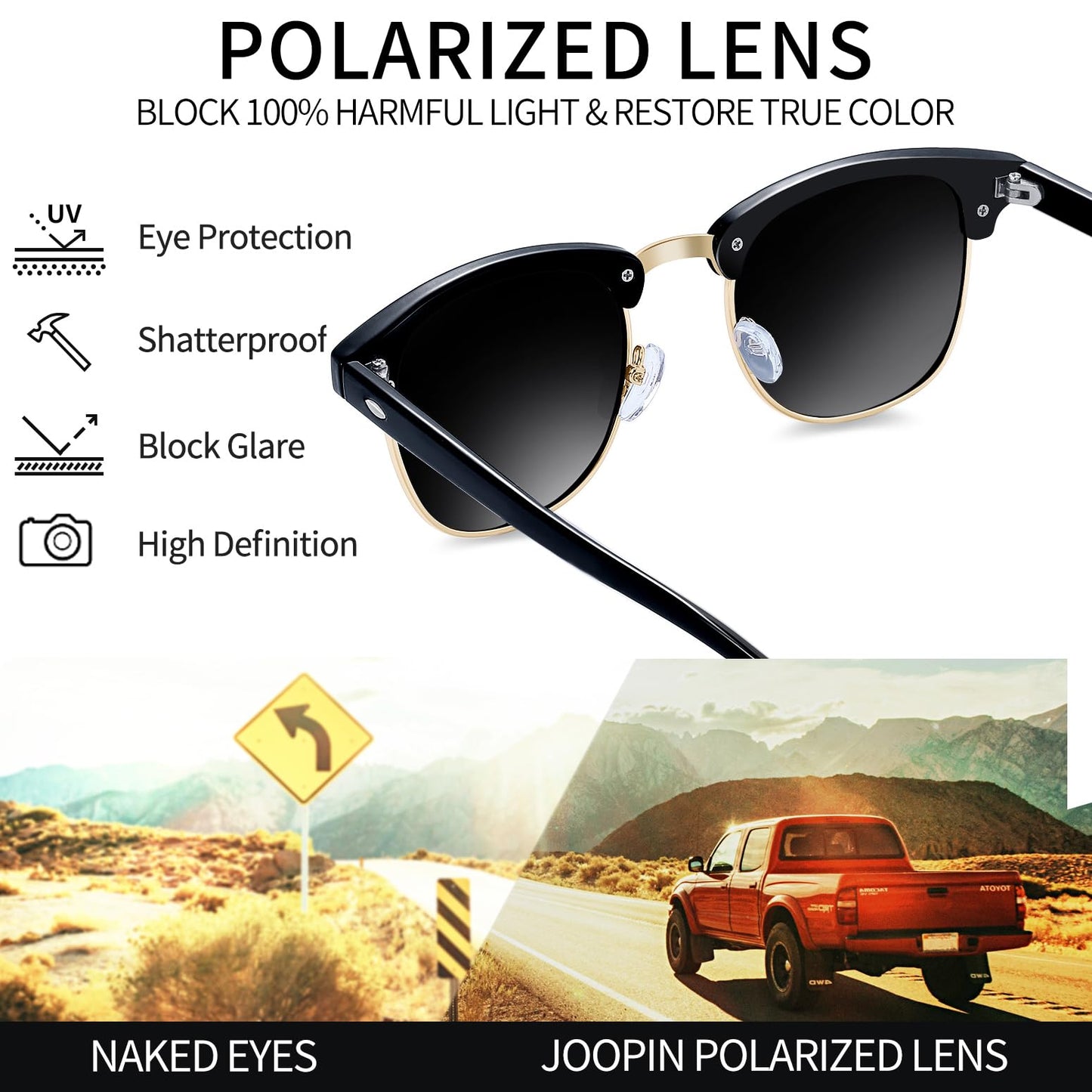 Joopin Semi Rimless Sunglasses Horn Rimmed Sun Glasses Polarized UV400 Half Frame Shades for Men Women (Black Simple Packaging)