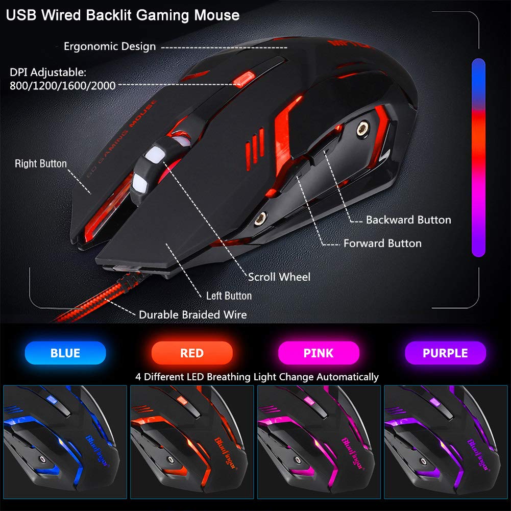 BlueFinger RGB Gaming Keyboard and Backlit Mouse Combo, USB Wired, LED Gaming Set for Laptop PC Computer Game and Work