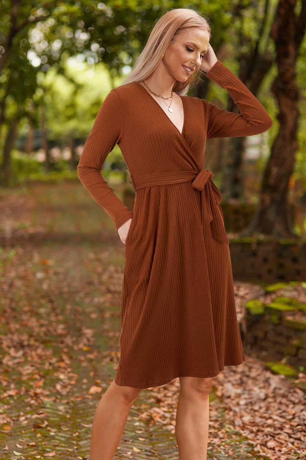 Newshows Womens 2024 Fall Sweater Dress Long Sleeve Business Casual Outfits V Neck Ribbed Knit Belt Trendy with Pockets(Caramel, XL)