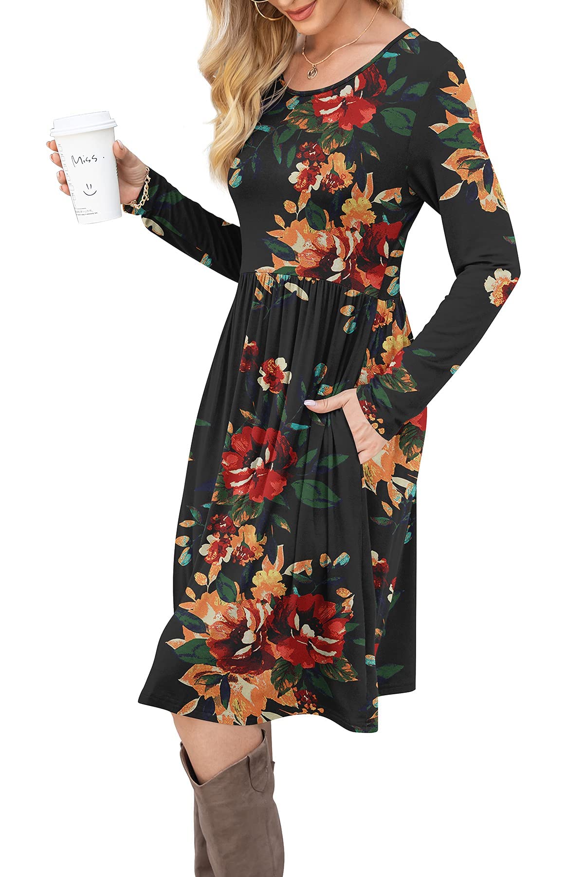 DB MOON Women Casual Long Sleeve Dresses Empire Waist Loose Dress with Pockets (Brown Floral Black, M)