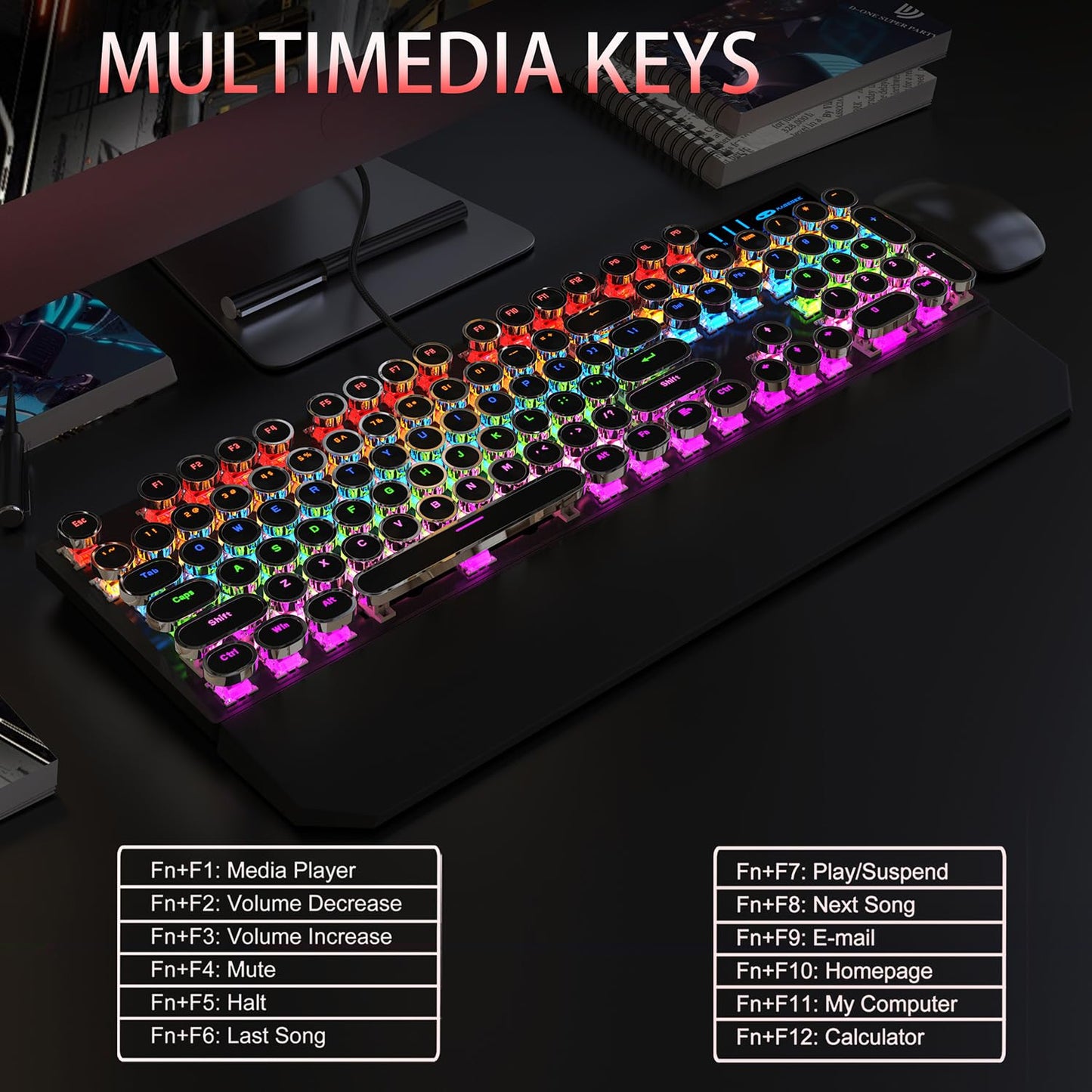 Camiysn Typewriter Style Mechanical Gaming Keyboard, Black Retro Punk Gaming Keyboard with RGB Backlit, 104 Keys Blue Switch Wired Cute Keyboard, Round Keycaps for Windows/Mac/PC