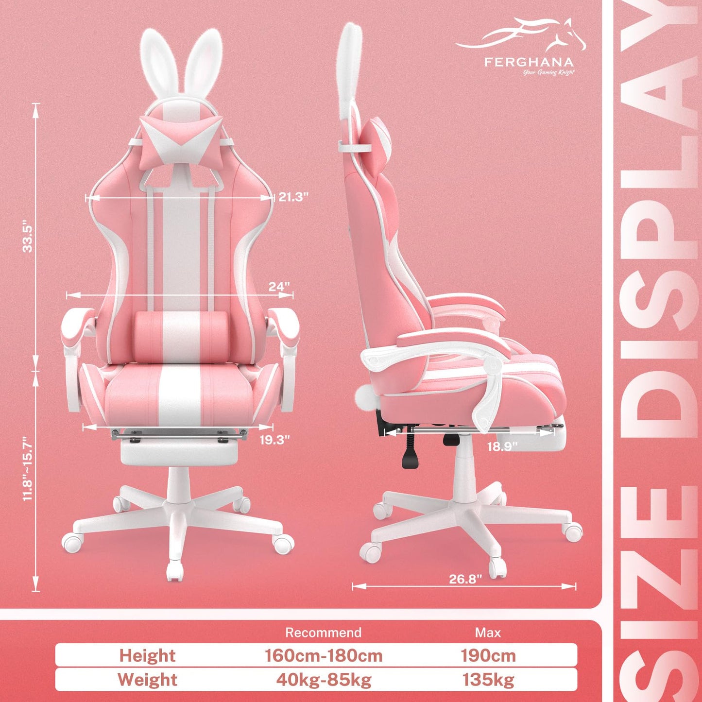 Ferghana Kawaii Pink Gaming Chair with Bunny Ears, Ergonomic Cute Gamer Chair with Footrest and Massage, Racing Reclining Home Computer Game Chair for Girls Adults Teens Kids