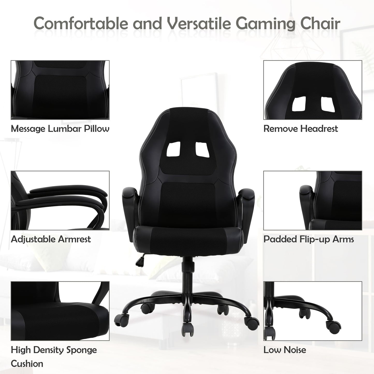 Massage Gaming Chair for Adult Office Desk Chair Ergonomic Computer Chair with Lumbar Support Armrest Adjustable Cheap Video Game Chairs Reclining Rolling Chair PU Leather Task Chair Black