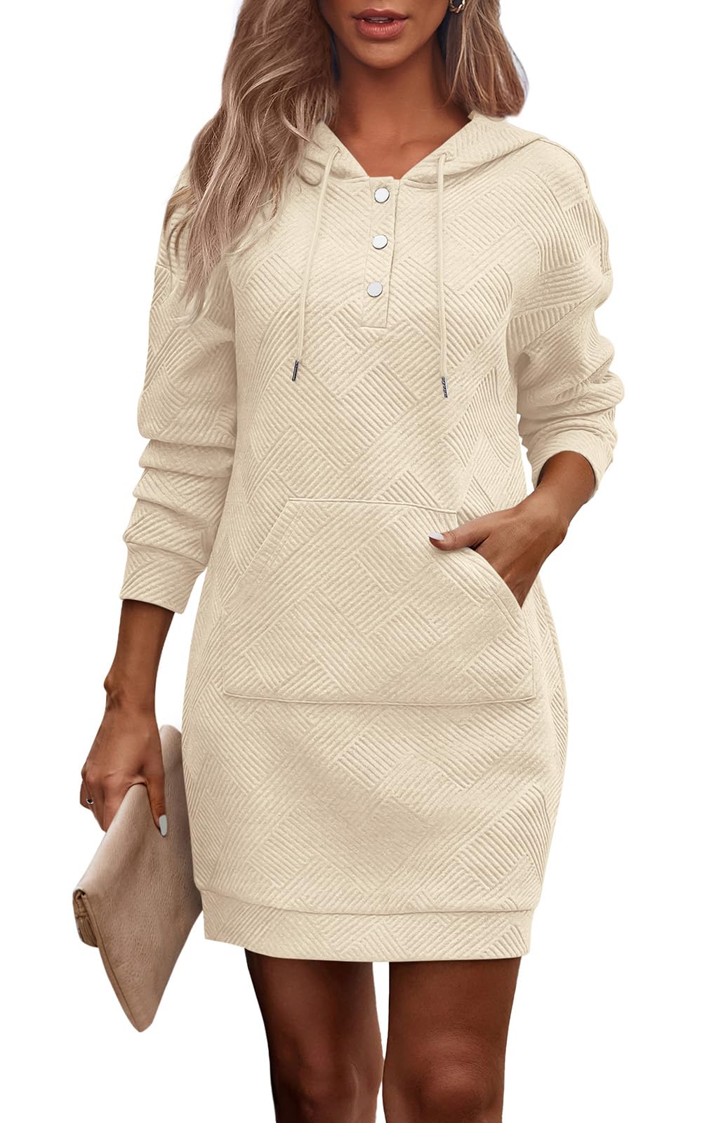 PRETTYGARDEN Long Sleeve Hoodies Dress 2024 Fall Trendy Texture Sweatshirts Outfits Button Hooded Dresses with Pockets (Beige,M)