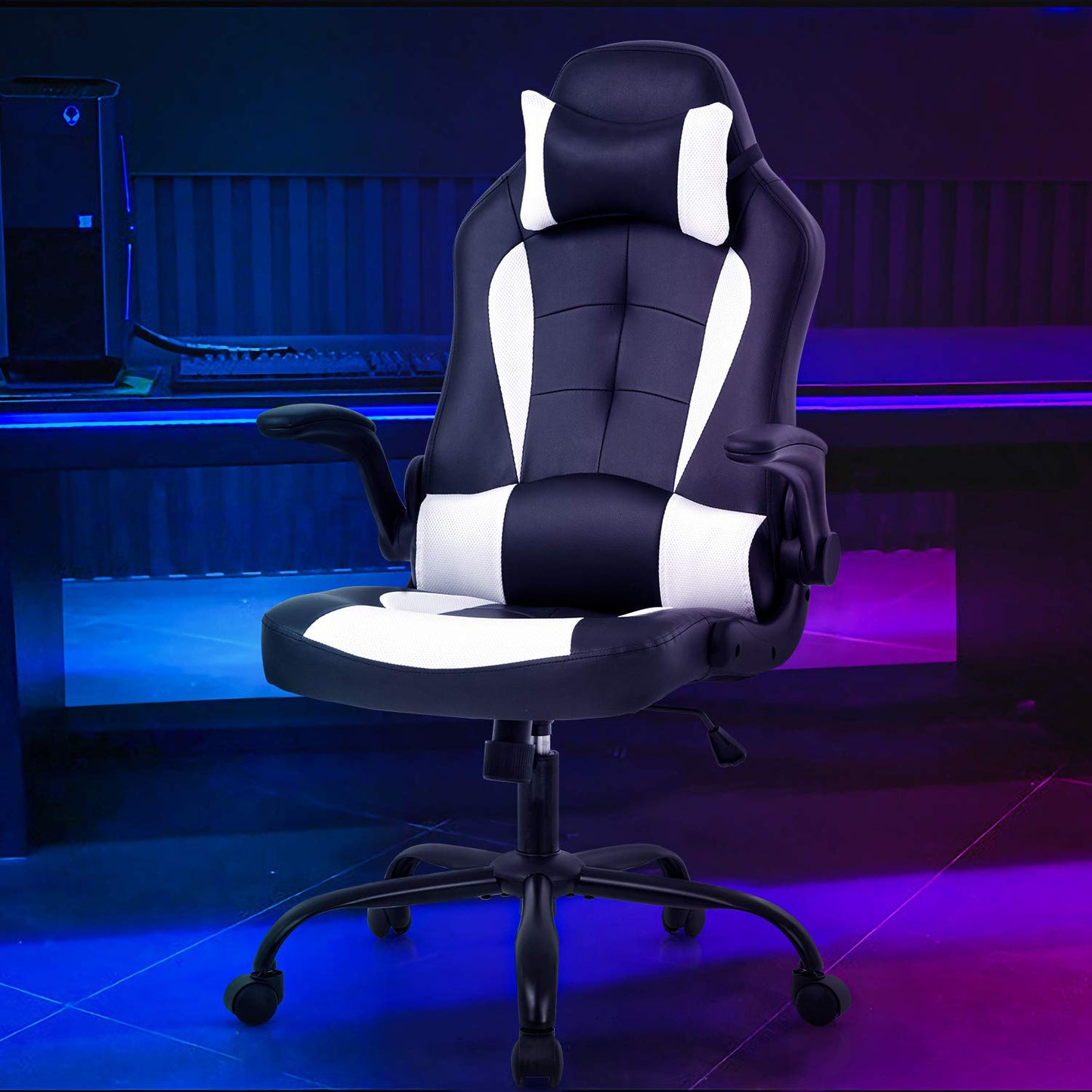 Gaming Chair Racing Style Office Chair High Back Desk Chair Executive PU Leather Rolling Task Swivel Computer Chair with Lumbar Support Headrest, White