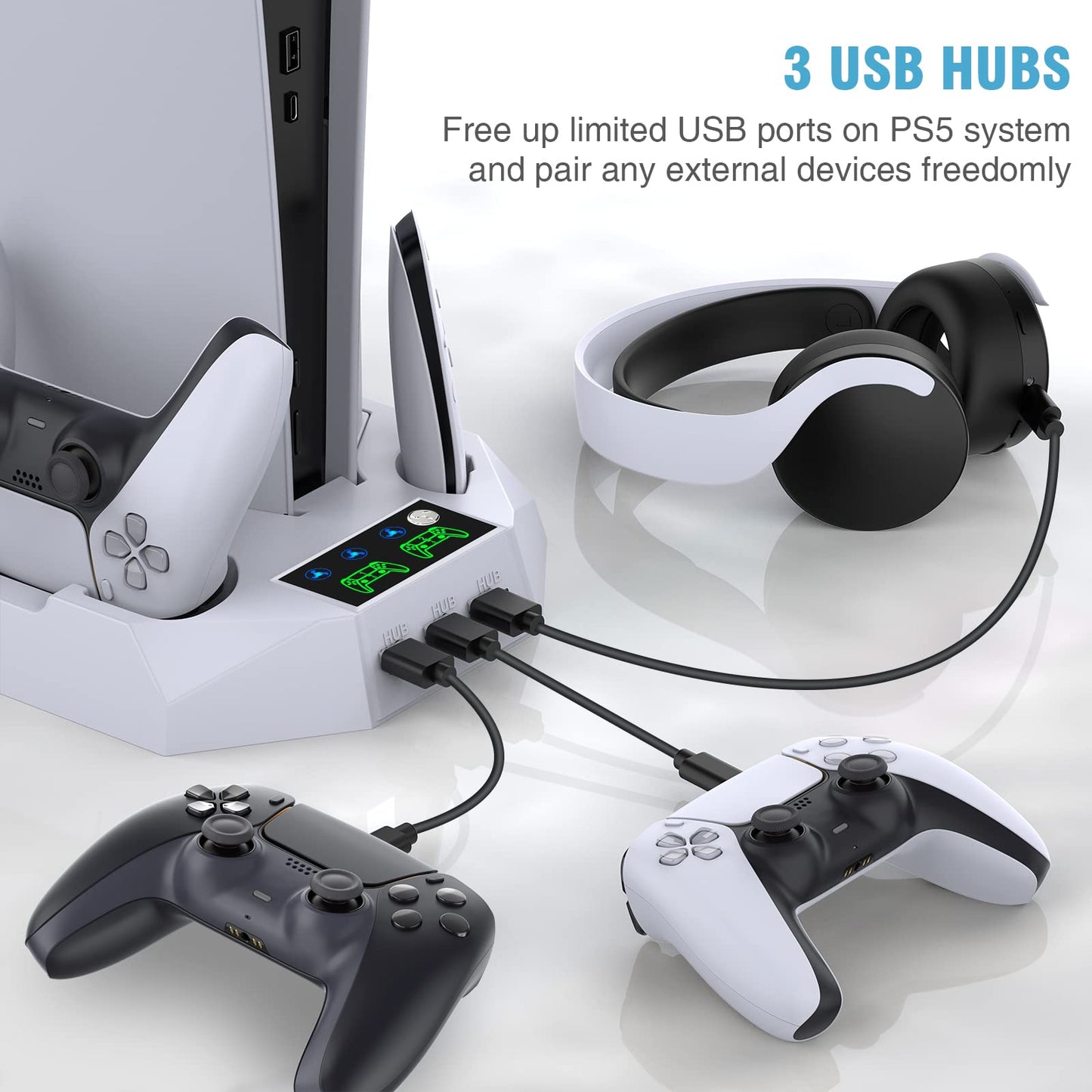 PS5 / PS5 Slim Stand and Cooling Station with Dual Controller Charging Station for PlayStation 5 Console, PS5 Accessories Incl. Controller Charger, Cooling Fan, Headset Holder, 3 USB Hub, Screw-White