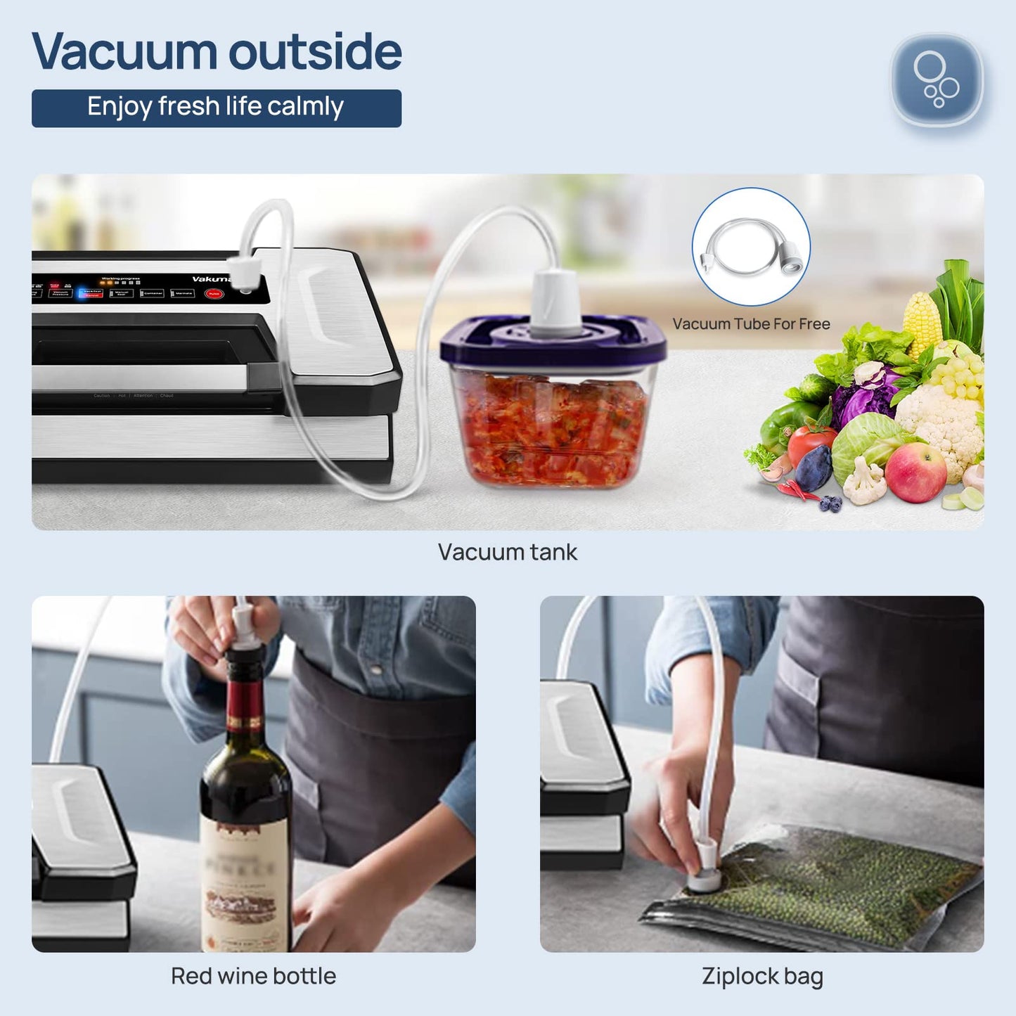 Vakumar Vacuum Sealer Machine, 90Kpa Food Vacuum Sealer Machine Preservation Dry/Moist/Liquid Modes, LED Indicator Light, Handle Locked Design, Built-in Cutter and Bag Storage, Removable Drip Tray