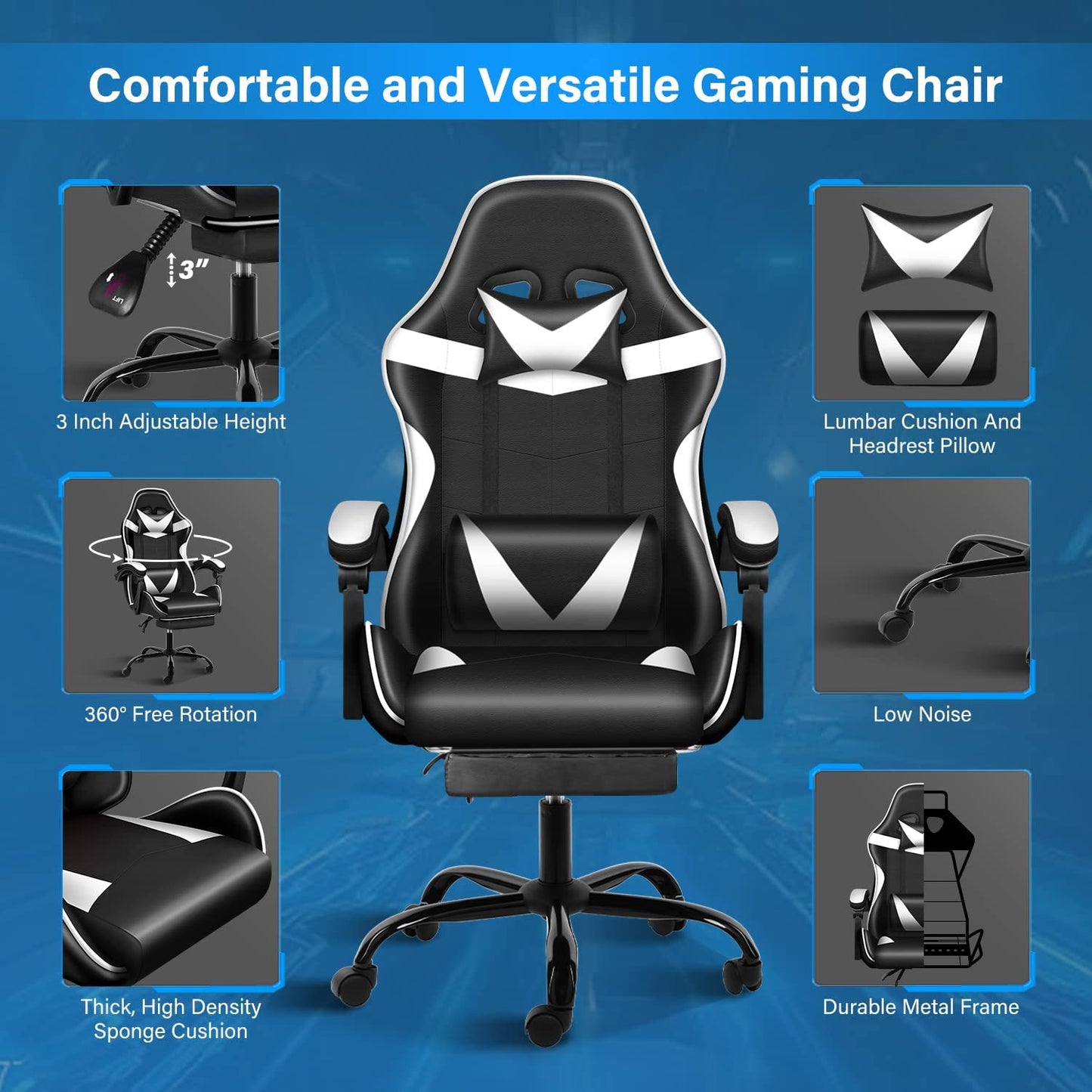 YSSOA Gaming Chair with Footrest, Big and Tall Gamer Chair, Racing Style Adjustable Swivel Office Chair, Ergonomic Video Game Chairs with Headrest and Lumbar Support