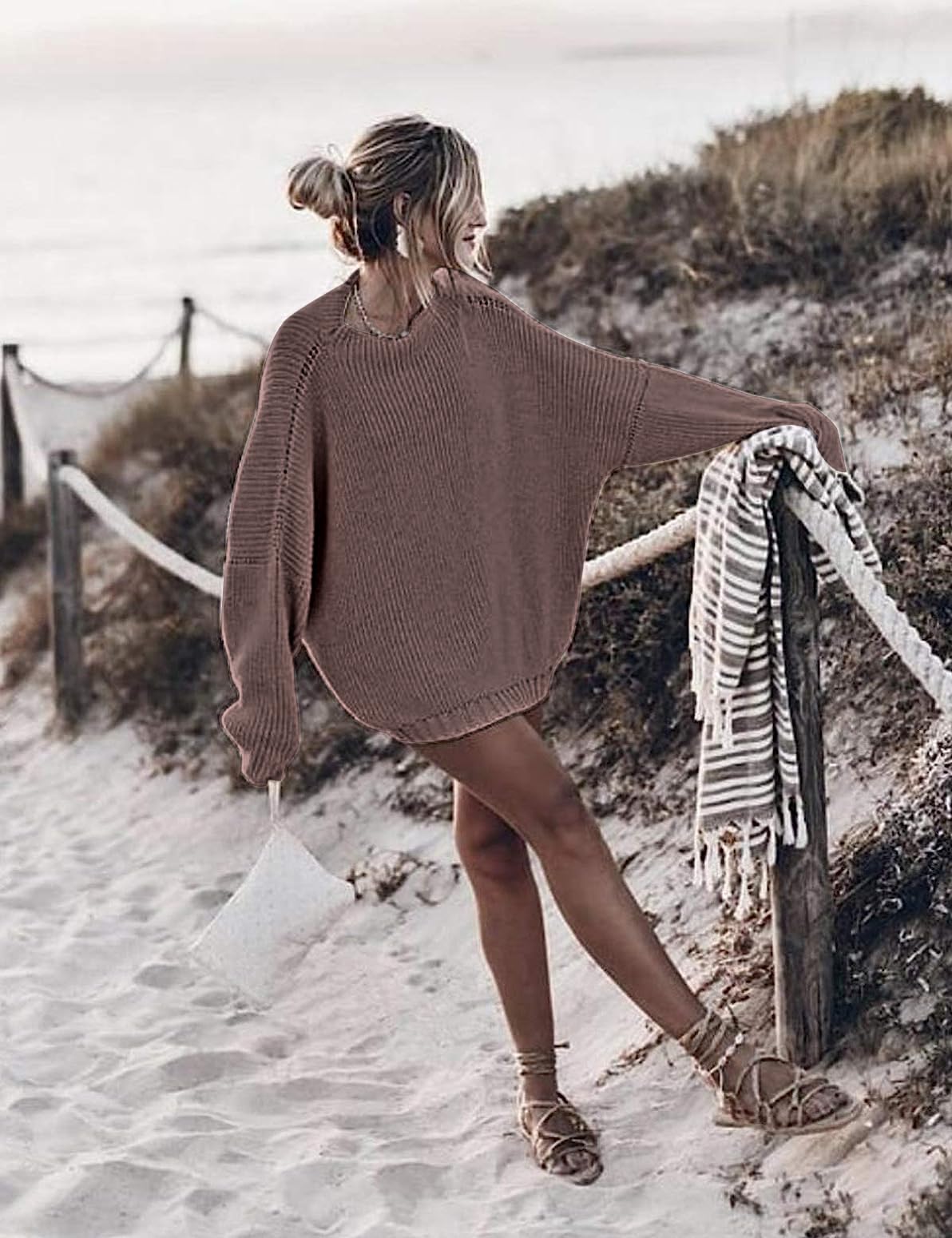 Womens Pullover Sweaters Oversized Mock Neck Batwing Sleeve Ribbed Knit Jumper Tops Coffee