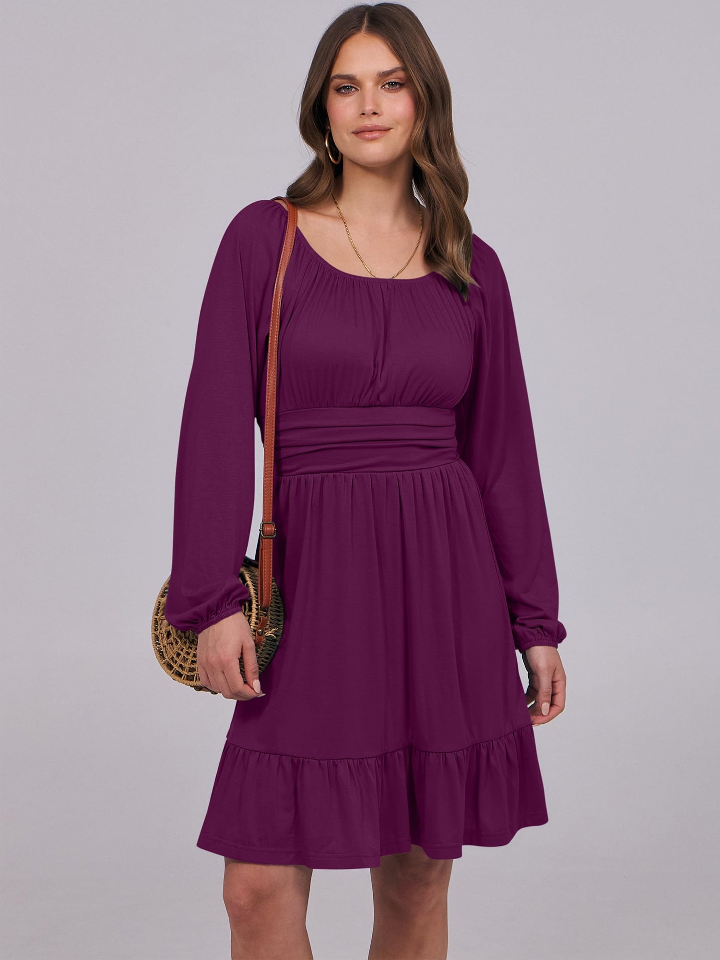 ANRABESS Womens Dress Long Lantern Sleeve Square Neck Elastic Waist Ruffle Flowy Swing A-Line Short Dresses 2024 Fall Fashion Deep Purple Medium