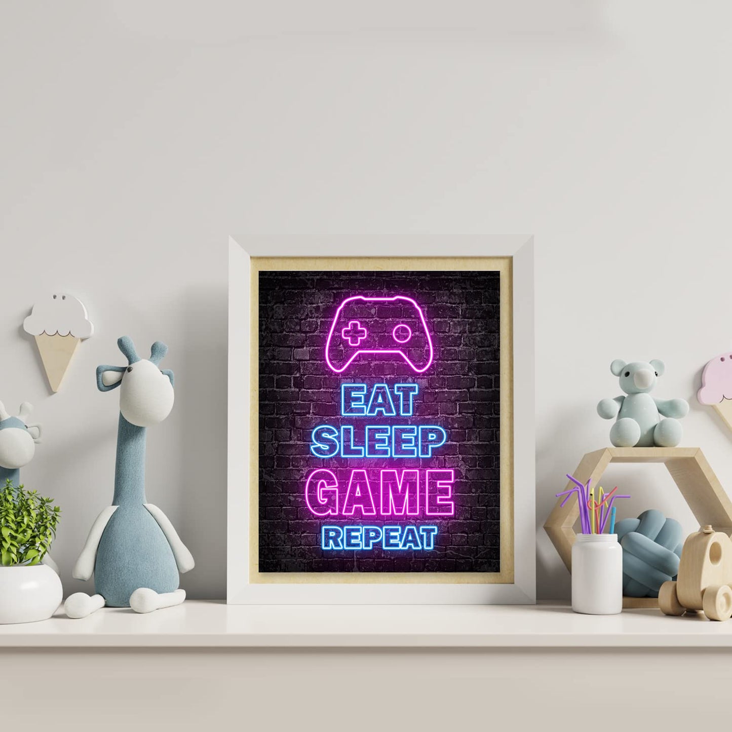 Printed Neon Gaming Posters Set of 4 (8”X 10”), Boys Room Decorations for Bedroom,Video Game Wall Art,Gamer, Teen boy bedroom, game room, No Frames