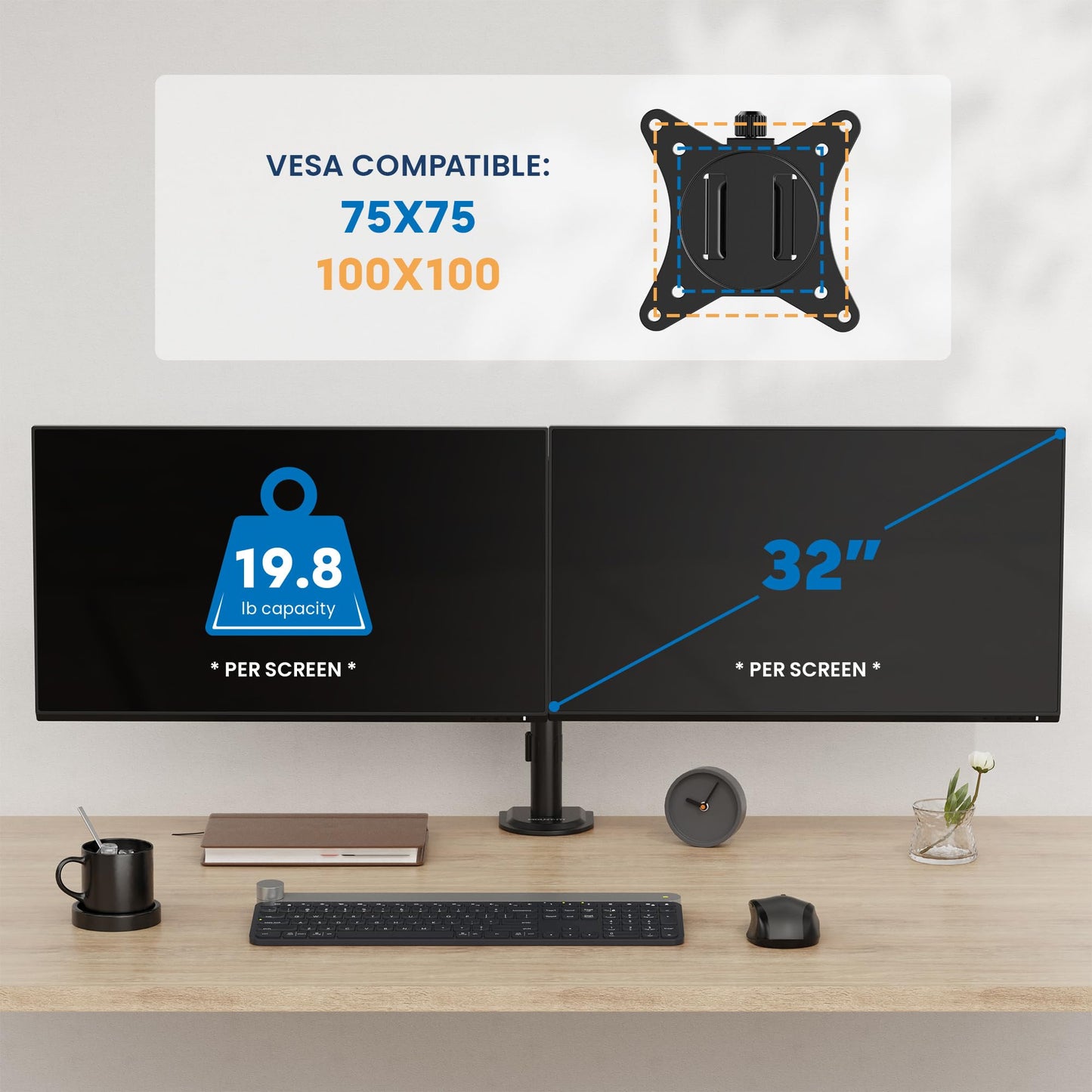 Mount-It! Dual Monitor Mount, Dual Monitor Arm for 2 Screens, Dual Monitor Desk Mount, Adjustable Tilt and Swivel Arms for Double Screens up to 32” & 19.8 Lbs VESA 75x75 and 100x100 C-clamp & Grommet