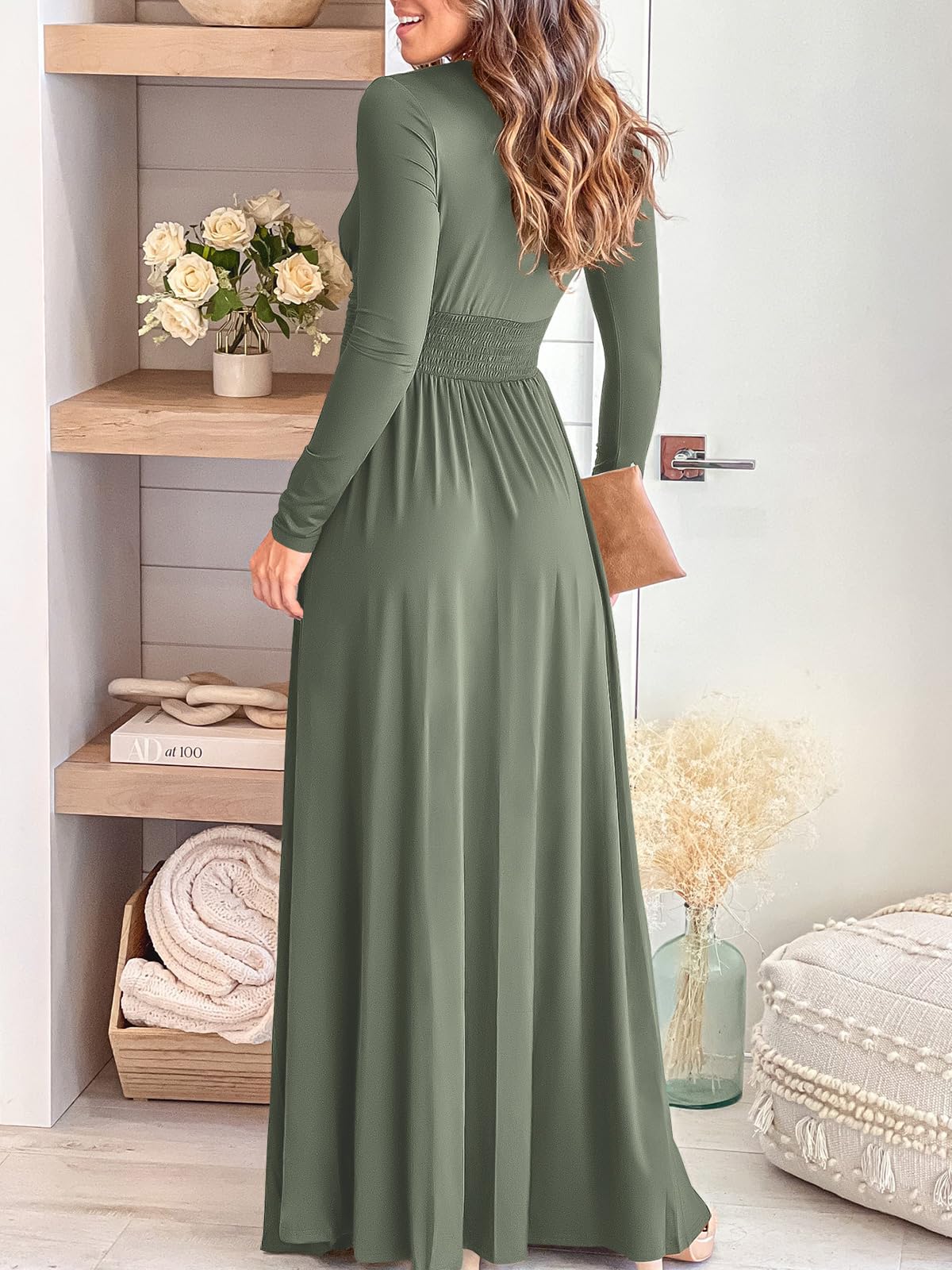 ANRABESS Women Deep V Neck Long Sleeve Slit 2024 Fall Elegant Formal Wedding Guest Cocktail Evening Date Prom Maxi Long Dress Green Large