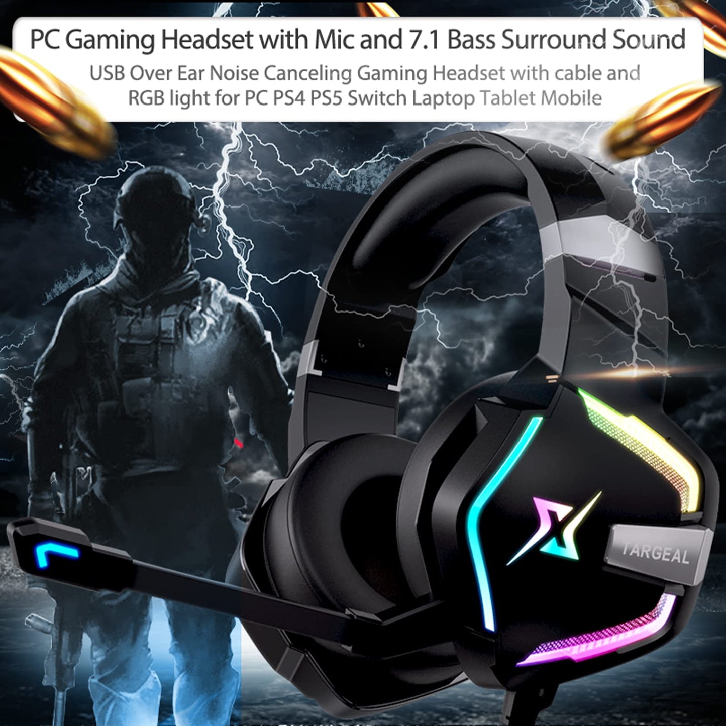 targeal 7.1 Surround Sound PC Gaming Headset for PS5 PS4 Switch Laptop Mac Tablet Mobile, Over Ear Wired USB Gaming Headphone with Omni-Directional Noise Canceling Mic, RGB LED, with Type C Cable