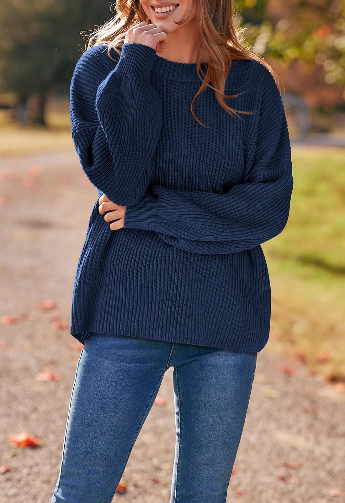 PRETTYGARDEN Womens Sweaters Fall 2023 Oversized Chunky Knitted Pullover Sweater Casual Long Sleeve Crewneck Cute Sweaters (Navy,Large)