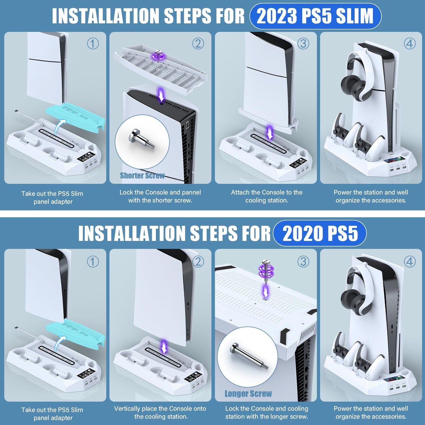 PS5 / PS5 Slim Stand and Cooling Station with Dual Controller Charging Station for PlayStation 5 Console, PS5 Accessories Incl. Controller Charger, Cooling Fan, Headset Holder, 3 USB Hub, Screw-White