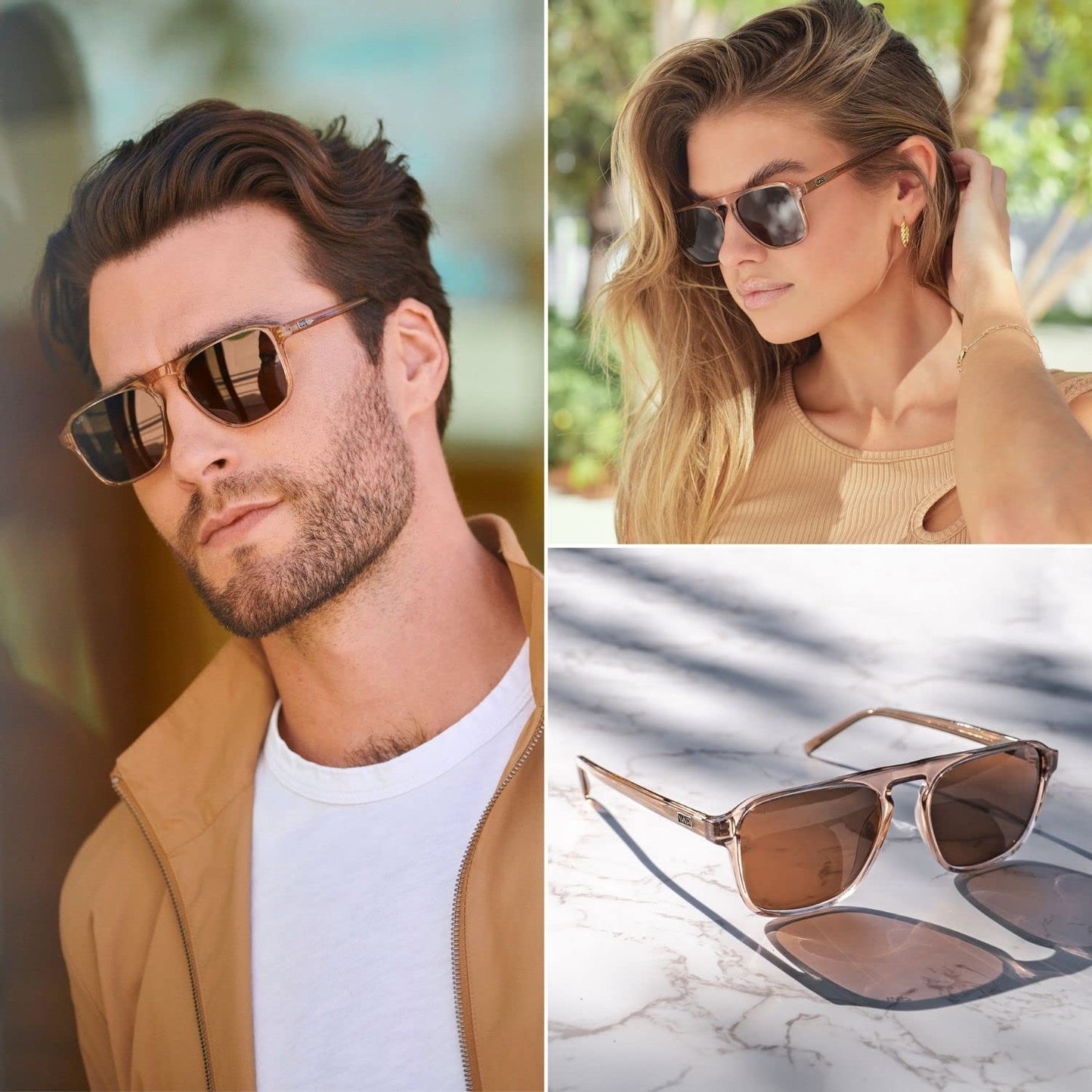 WearMe Pro Polarized Aviator One-Bridge Modern Square Mens Sunglasses (Crystal Brown/Brown Lens)