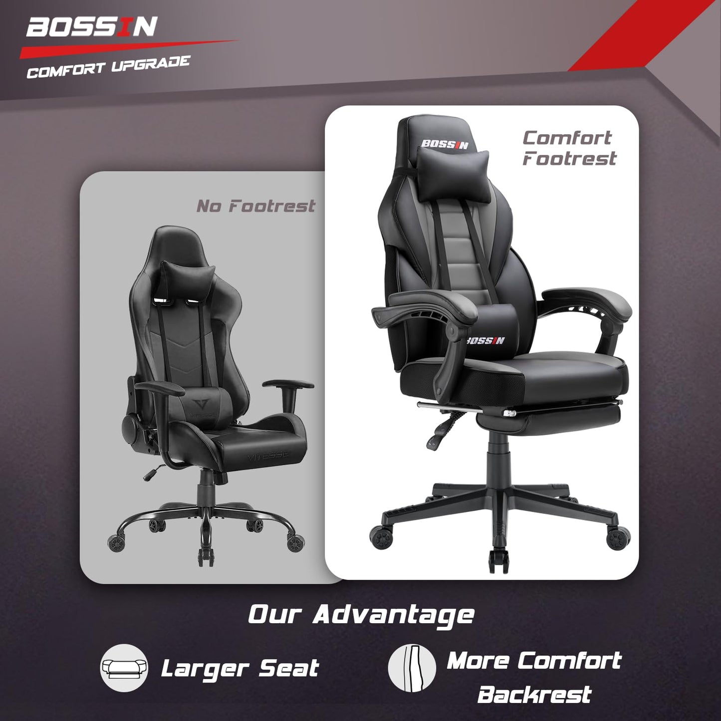 BOSSIN Gaming Chair with Massage, Ergonomic Heavy Duty Design with Footrest and Lumbar Support, Large Size Cushion High Back Office Chair, Big and Tall Gaming Computer Chair for Kids