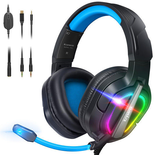 Krysenix Gaming Headset for PS4 PS5 PC Mac Xbox Series X,Noise Canceling Headphones with Microphone,PG2 Computer Headset with 3.5mm Jack & RGB Light Black/Blue