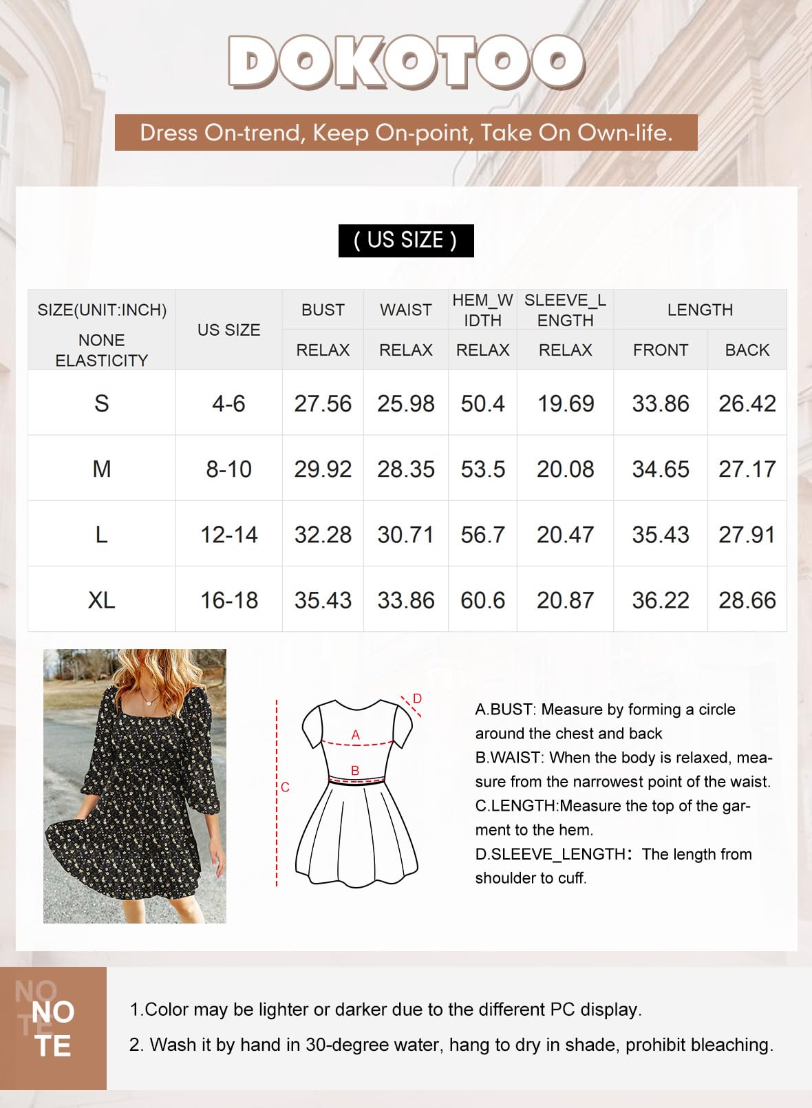 Dokotoo Womens Fall Dresses 2024 Casual Boho Dresses for Women Vintage Floral 3/4 Sleeve Square Neck Smocked A-Line Flowy Swing Babydoll Mini Sun Dress Beach Vacation Outfits Sundress Beige Medium