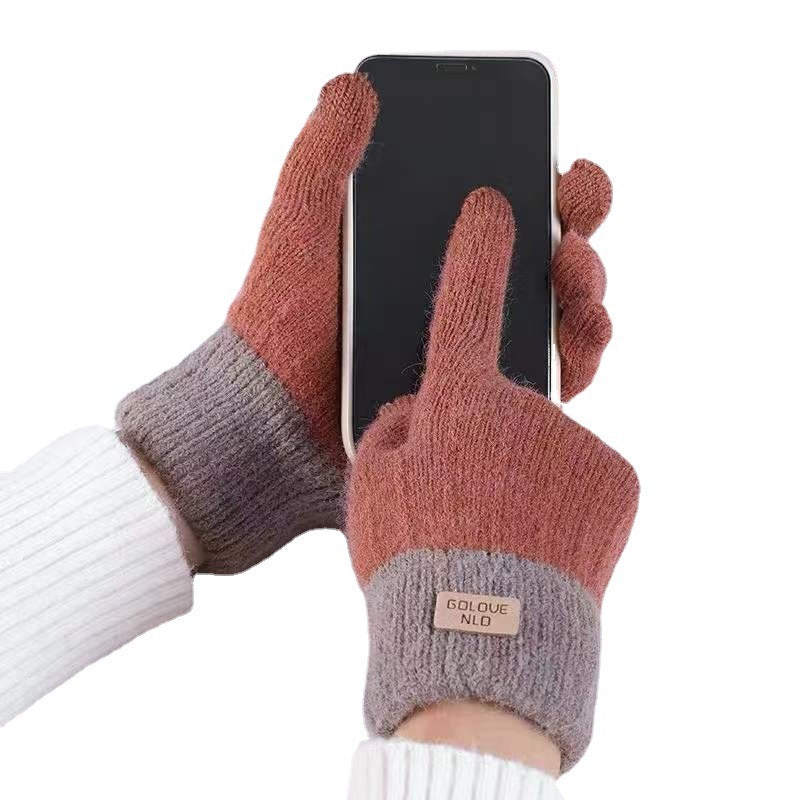 Winter Mittens Brown Striped Embroidered Warm Cycling Spot Universal Cartoon Gloves Ins