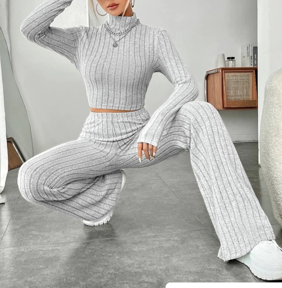 ESSENTIAL Long Sleeve Turtlenecks Wide Leg t High Waist Trousers Suit