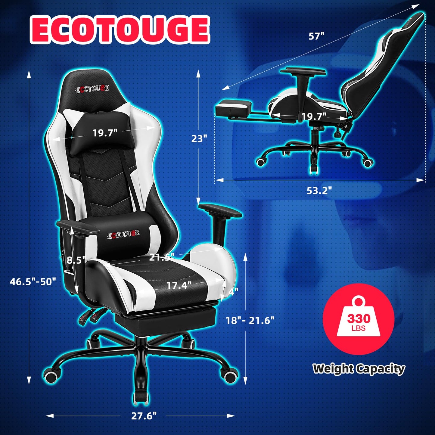 ECOTOUGE PC Massage Gaming Chair with Footrest Ergonomic Office Desk Chair Racing PU Leather Recliner Swivel Rocker with Headrest and Lumbar Pillow,White