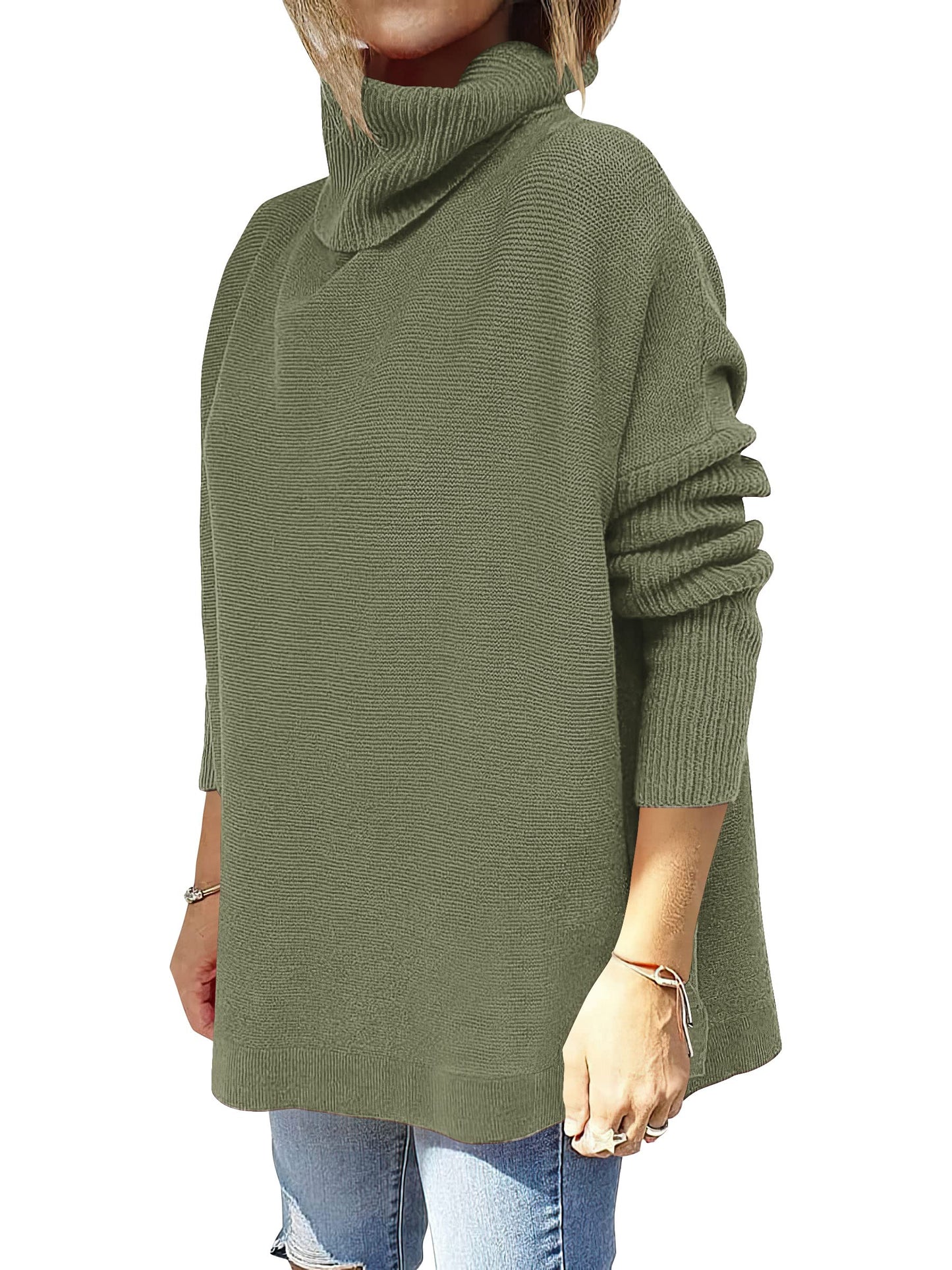 ANRABESS Women's Oversized Turtleneck Batwing Sleeve Spilt Casual Loose Knit Tunic Pullover Sweater Tops 2024 Fall Outfits Olive X-Small