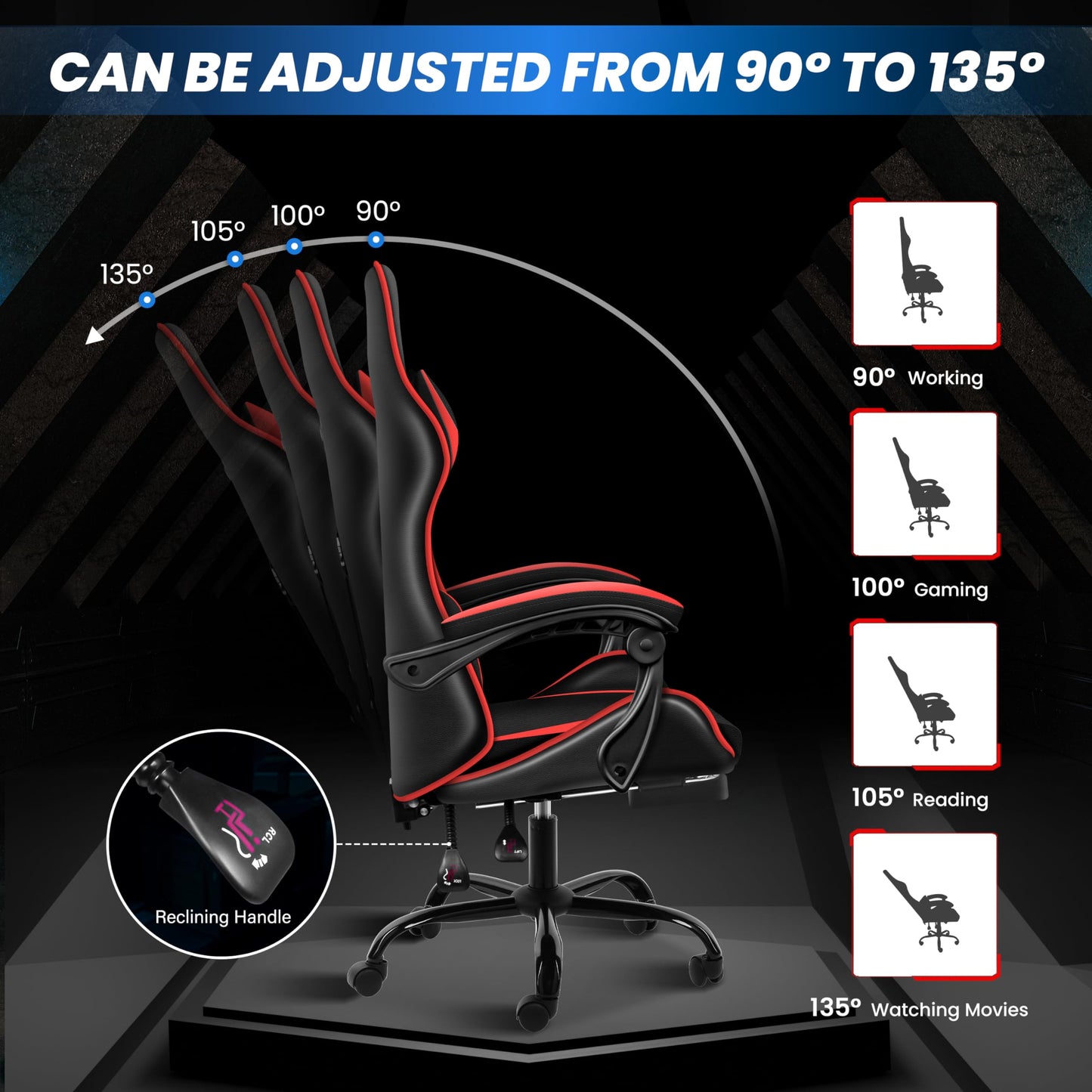 YSSOA Gaming Chair, Computer Chair with Footrest, Height Adjustable & 90°-135° Tilt Function, Swivel Recliner Ergonomic Racing Style Video Game Chair with Lumbar Support (Red)