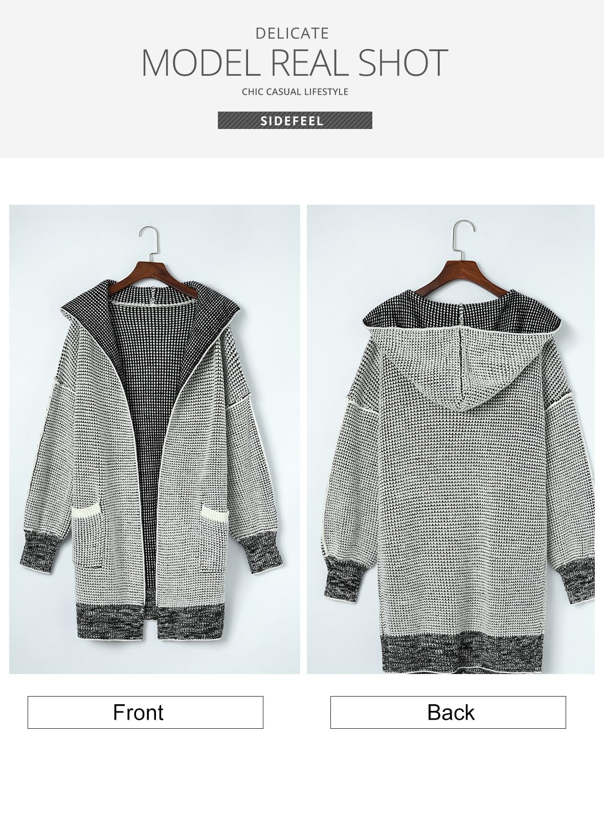 Sidefeel Cardigan Sweaters for Women Oversized Plaid Loose Fit Hooded Open Front Sweater 2024 Trendy Gray Large