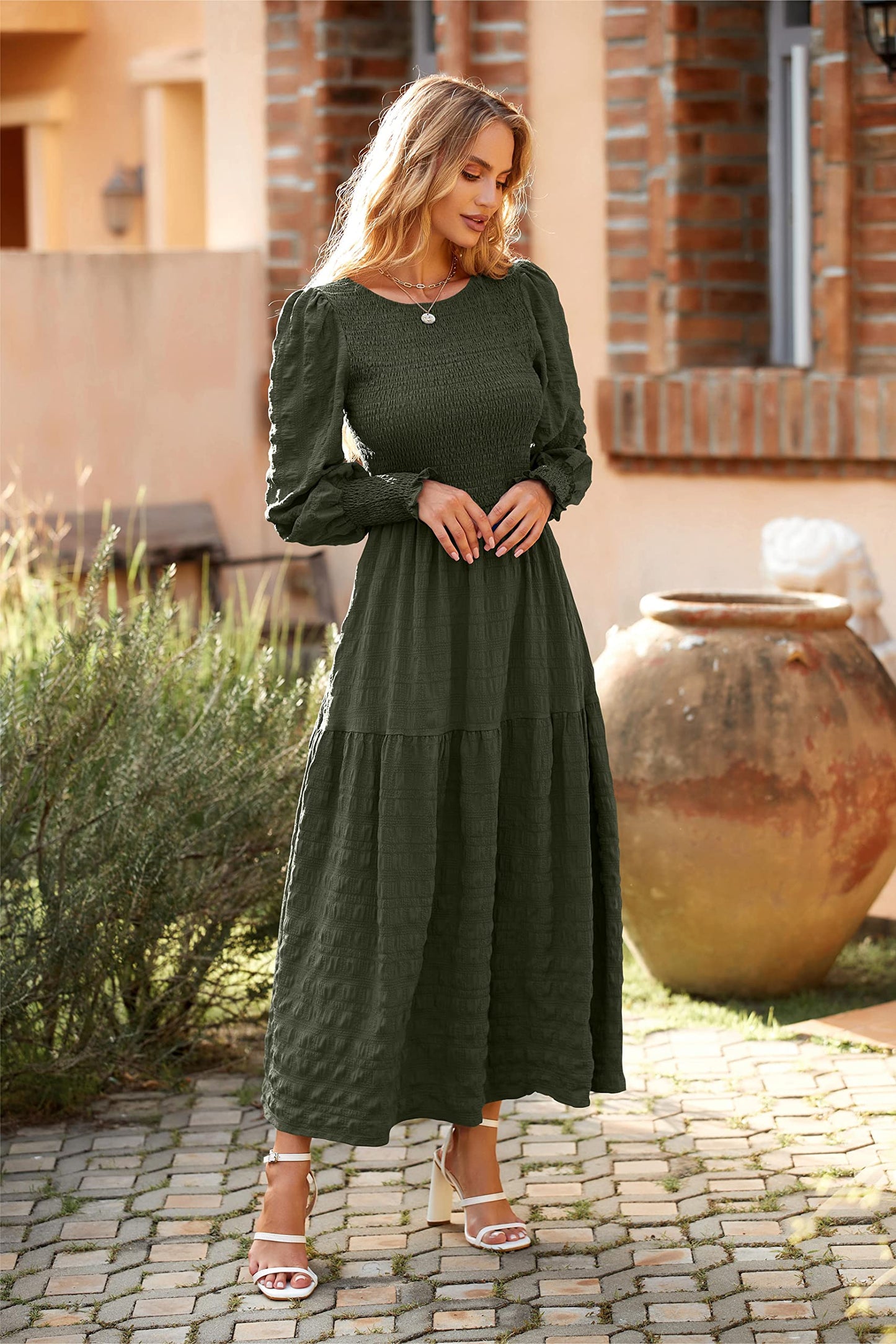 PRETTYGARDEN Women 2024 Puff Long Sleeve Crewneck Smocked Maxi Dress Solid Empire Waist Tiered A-line Swing Flowy Long Dress(Army Green,X-Large)