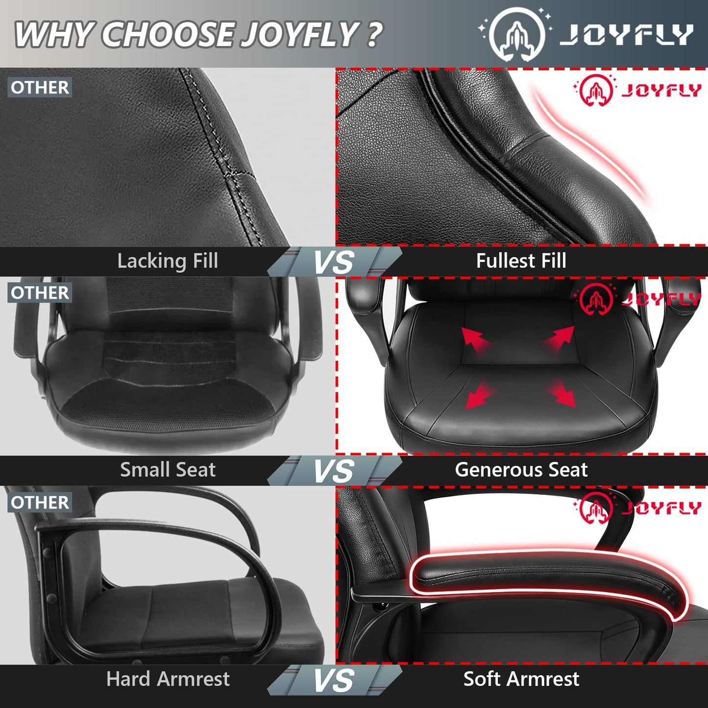 JOYFLY Computer Chair for Adults, 300Lbs Ergonomic Office PC Chair with Lumbar Support（Black-Leather）