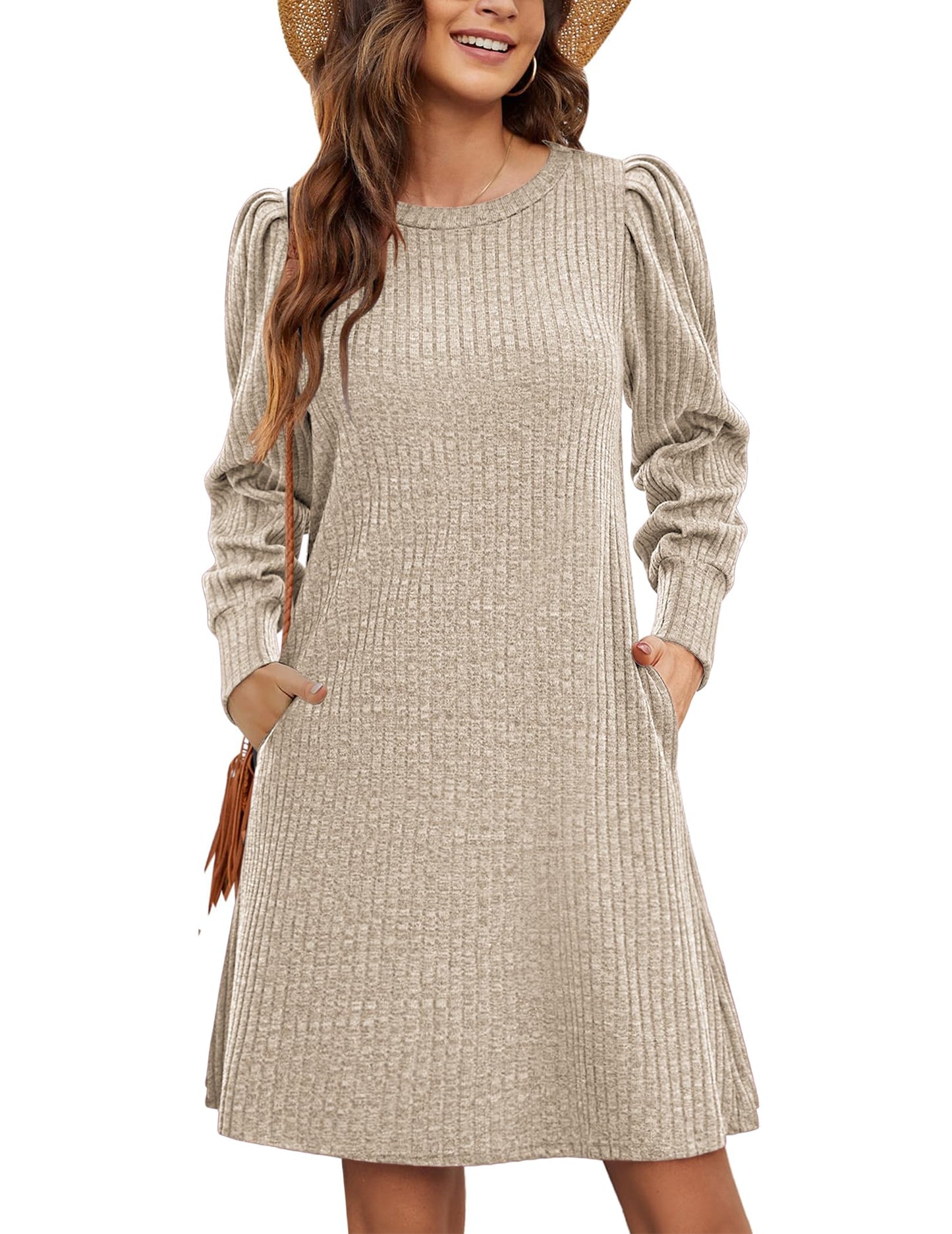 Zeagoo Tunic Dresses for Women 2024 Knit Sweater Dress Puff Long Sleeve Fall Dress Soft Warm Dress Casual, Khaki XL