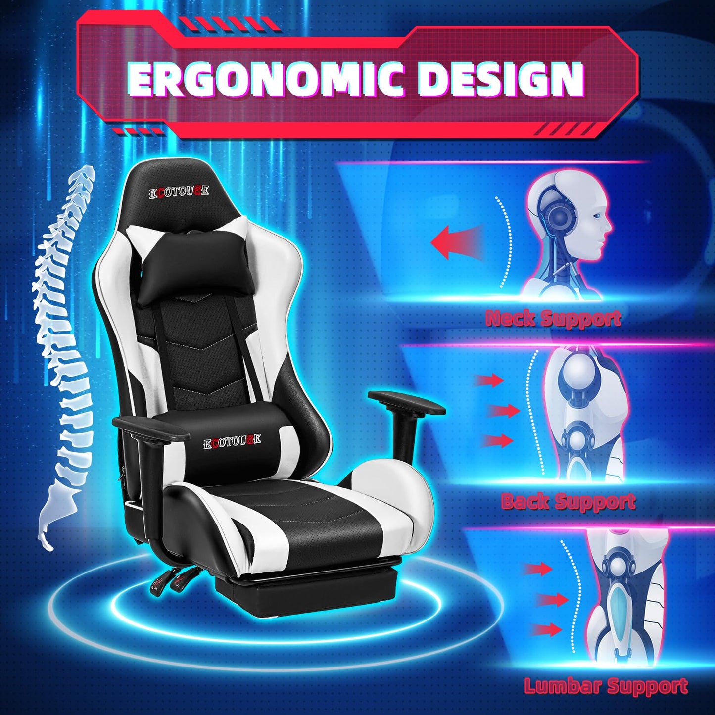 ECOTOUGE PC Massage Gaming Chair with Footrest Ergonomic Office Desk Chair Racing PU Leather Recliner Swivel Rocker with Headrest and Lumbar Pillow,White