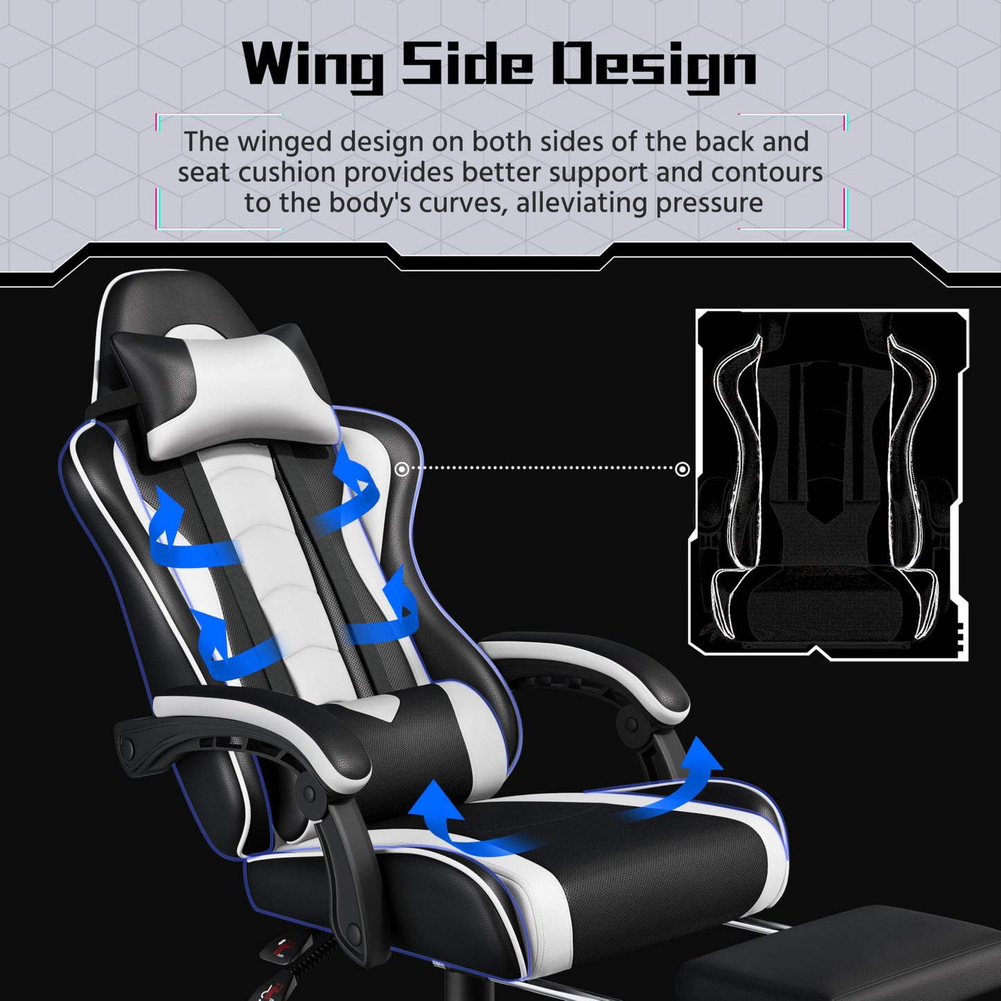 Yaheetech Gaming Chair, Video Game Chair with Massage Lumbar Support and Footrest Height Adjustable Ergonomic Computer Chair with Swivel Seat and Headrest, Black/White