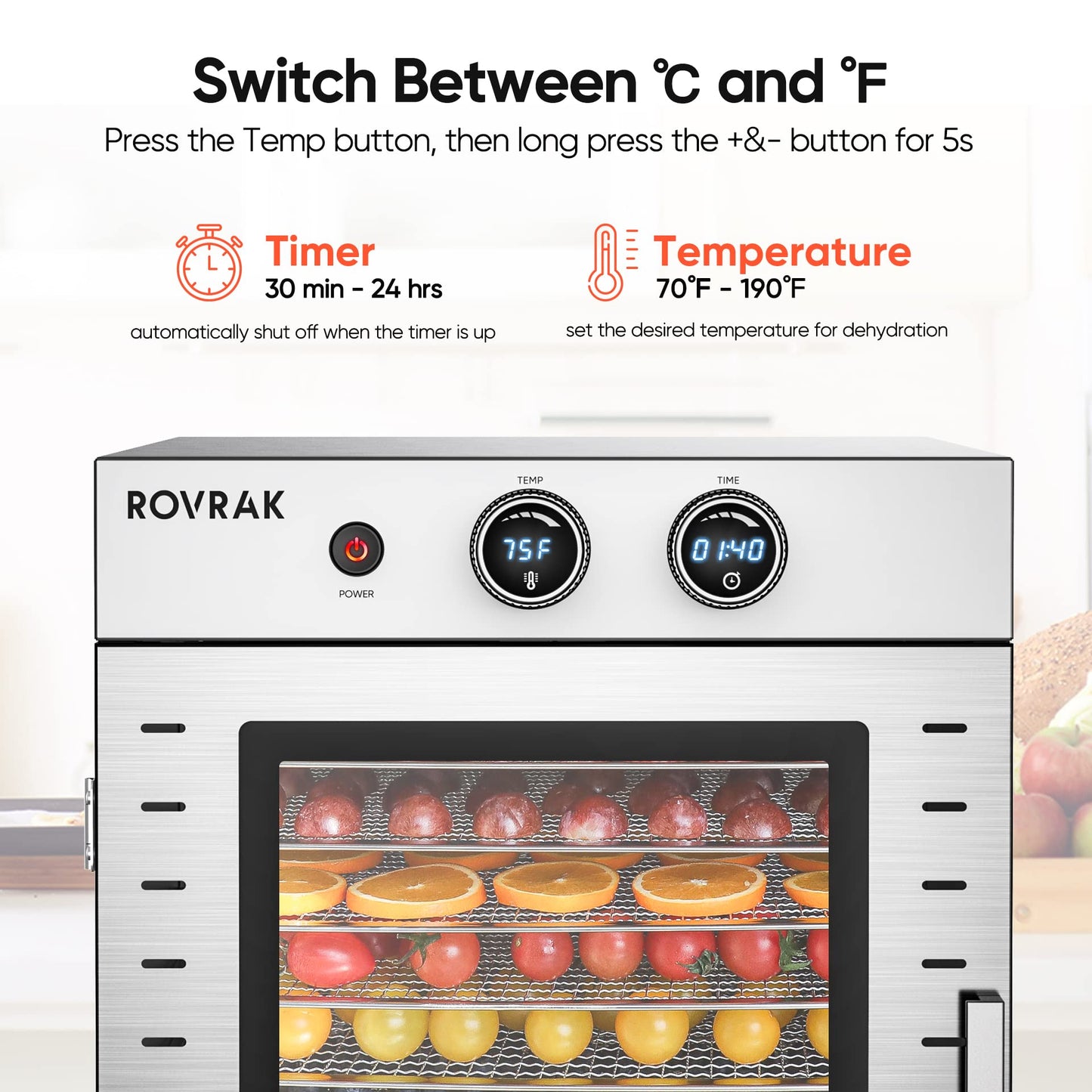 ROVRAk Food Dehydrator for Jerky, Fruit, Meat, Herbs, 12-Tray Stainless Steel Dehydrator Machine, Double-Layer Insulation, Adjustable Timer, Temperature Control, Overheat Protection (67 Recipes)