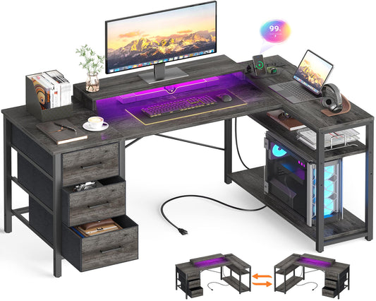 Aheaplus 53 Inch Gaming Desk with Power Outlets & LED Lights, Reversible L Shaped Computer Desk with 3 Drawers & Monitor Stand, Home Office Desk Corner Gamer Desk with Storage Shelves, Black Oak