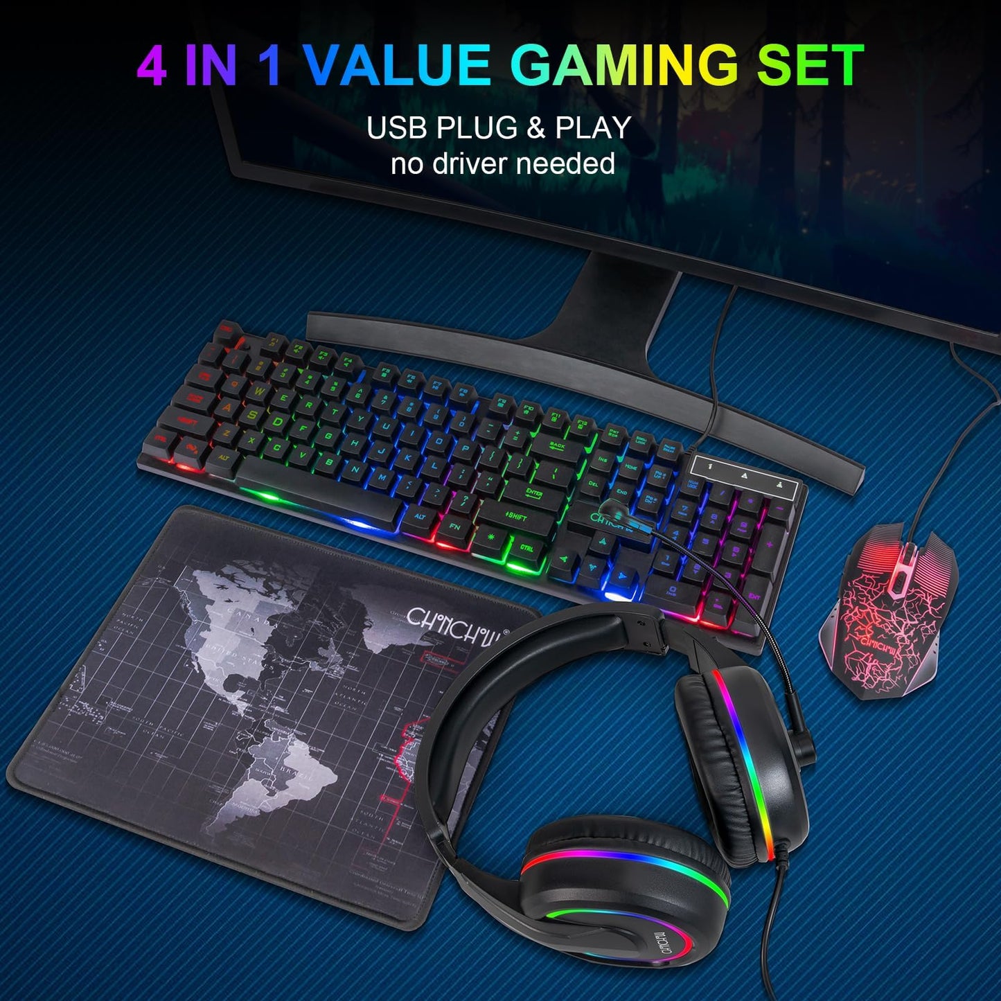 Gaming LED Keyboard Mouse Headset and Mousepad Bundle, CHONCHOW Wired Rainbow LED Light Up Gaming Keyboard Mouse Headset, Value 4 in 1 Gaming Set for Xbox PS4 PS5 PC Laptop Gamer